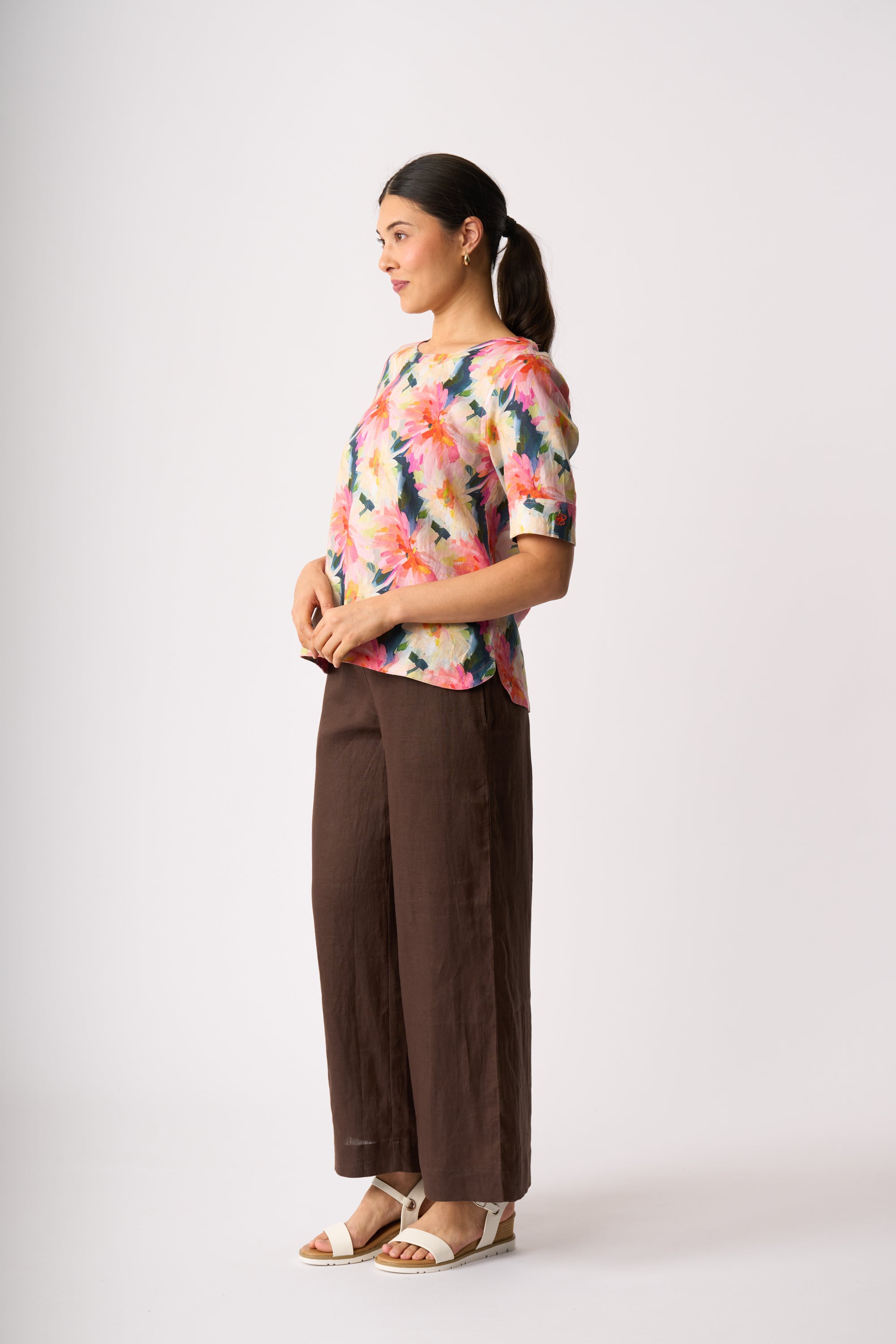 LONGBEACH FOIL PULL TOGETHER PANT BLACK COCO CHOCOLATE BROWN STRING NATURAL LINEN PANT
