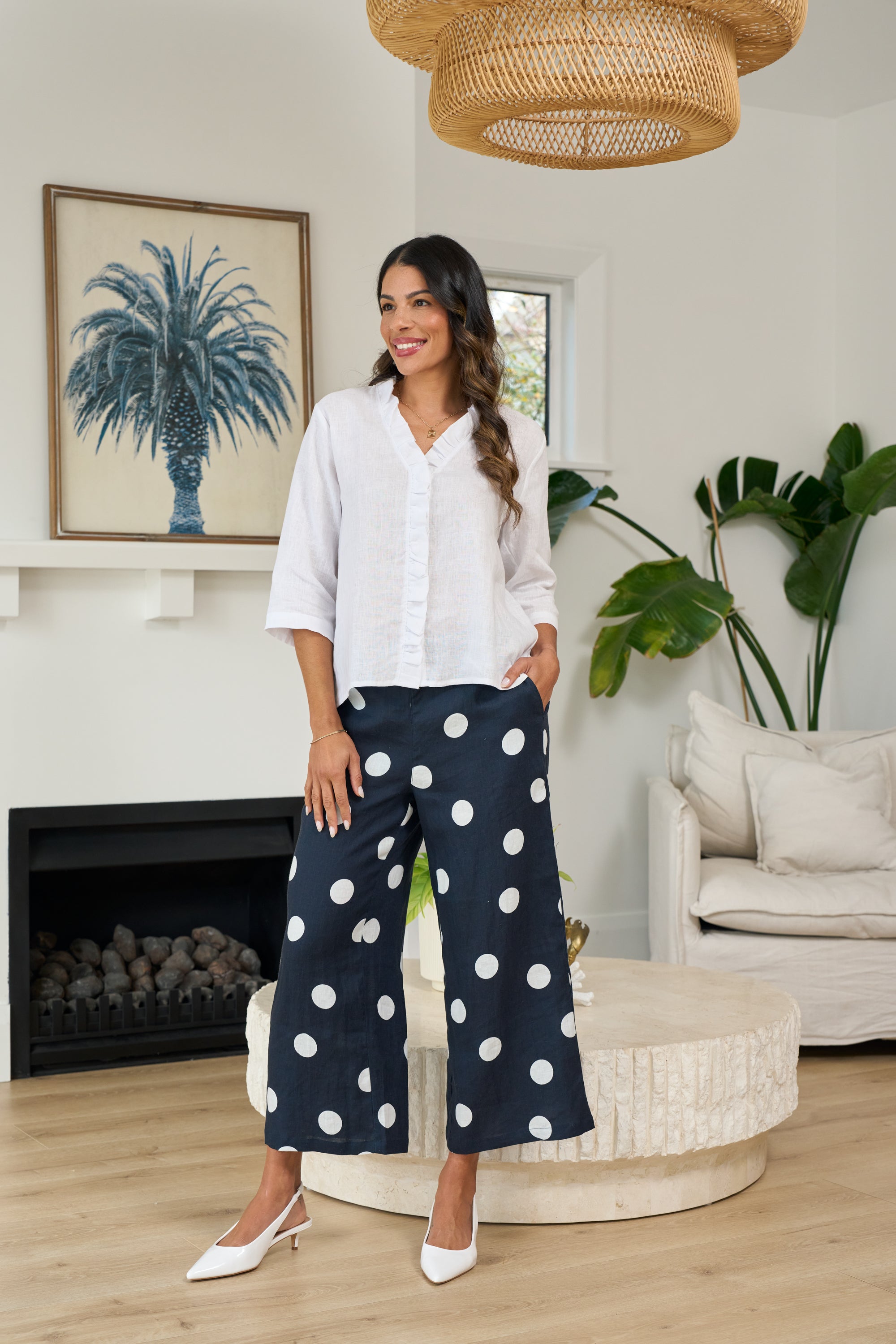 LONGBEACH FOIL WIDE LEG CROPPED TROUSERS NAVY LINEN SPOT PANT