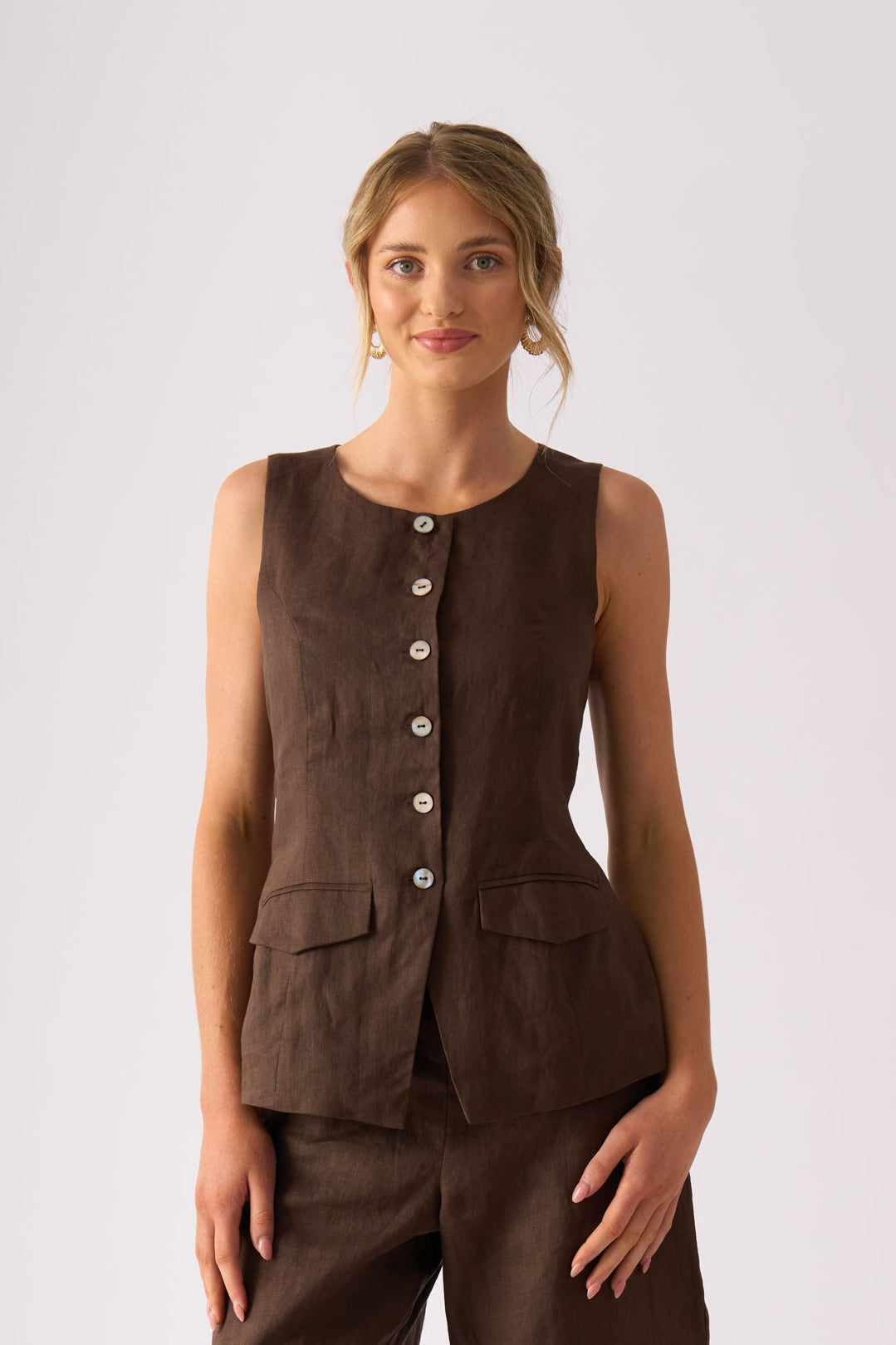 LONGBEACH FOIL PERFECT PAIR WAISTCOAT BROWN COCO CHOCOLATE LINEN VEST TOP