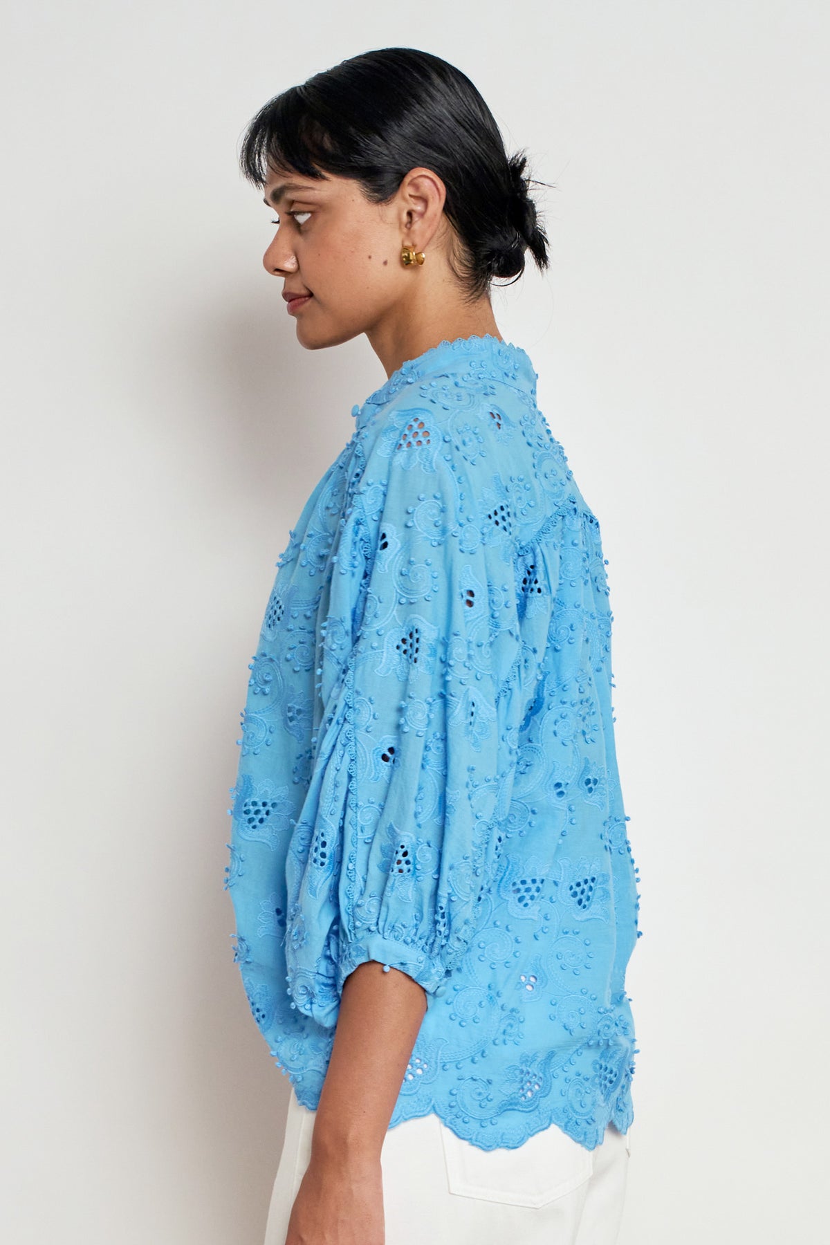 ZOE KRATZMANN TWINE TOP LAGOON EYELET LACE BLOUSE WITH PUFF SLEEVES