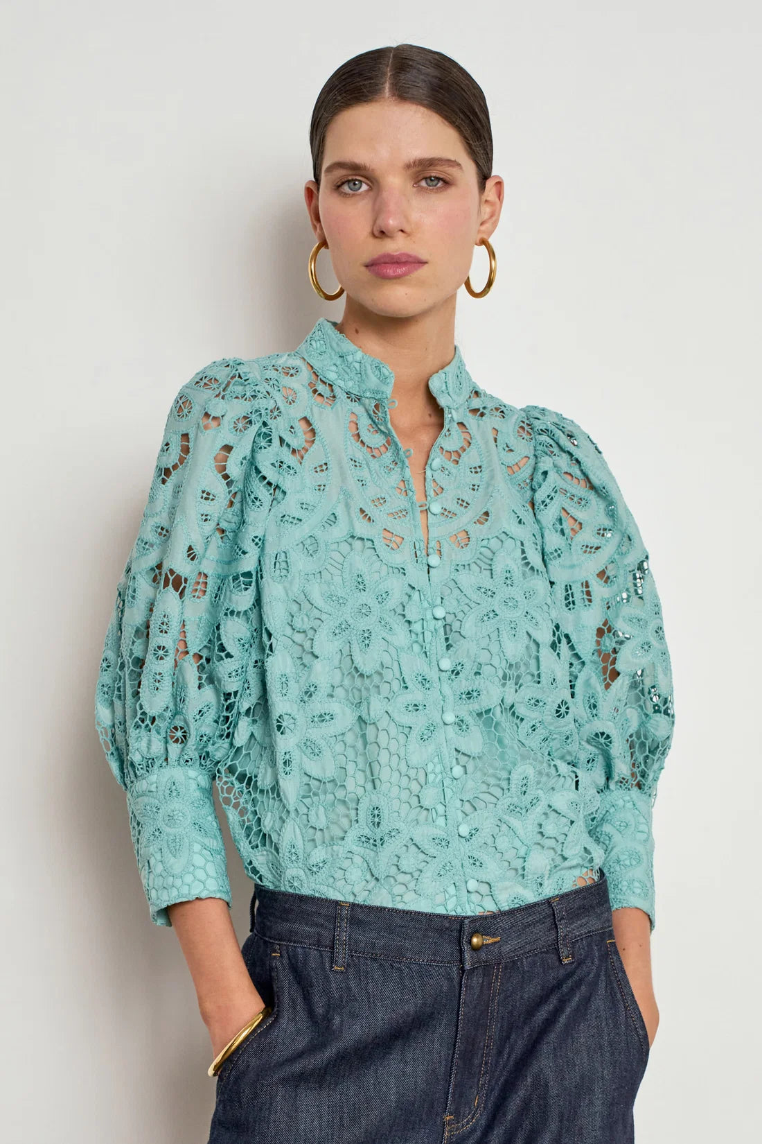ZOE KRATSMANN DEPART TOP LARGE LACE PATTERN BUTTON UP TOP WITH EXAGGERATED PUFF SLEEVES IN WHITE PINK OR PISTACHIO