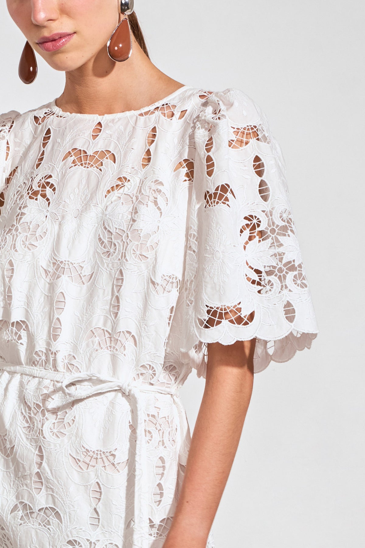 ZOE KRATZMANN GUIDE DRESS ALABASTER - A white midi dress with eyelet embroidery detail and puff sleeves.