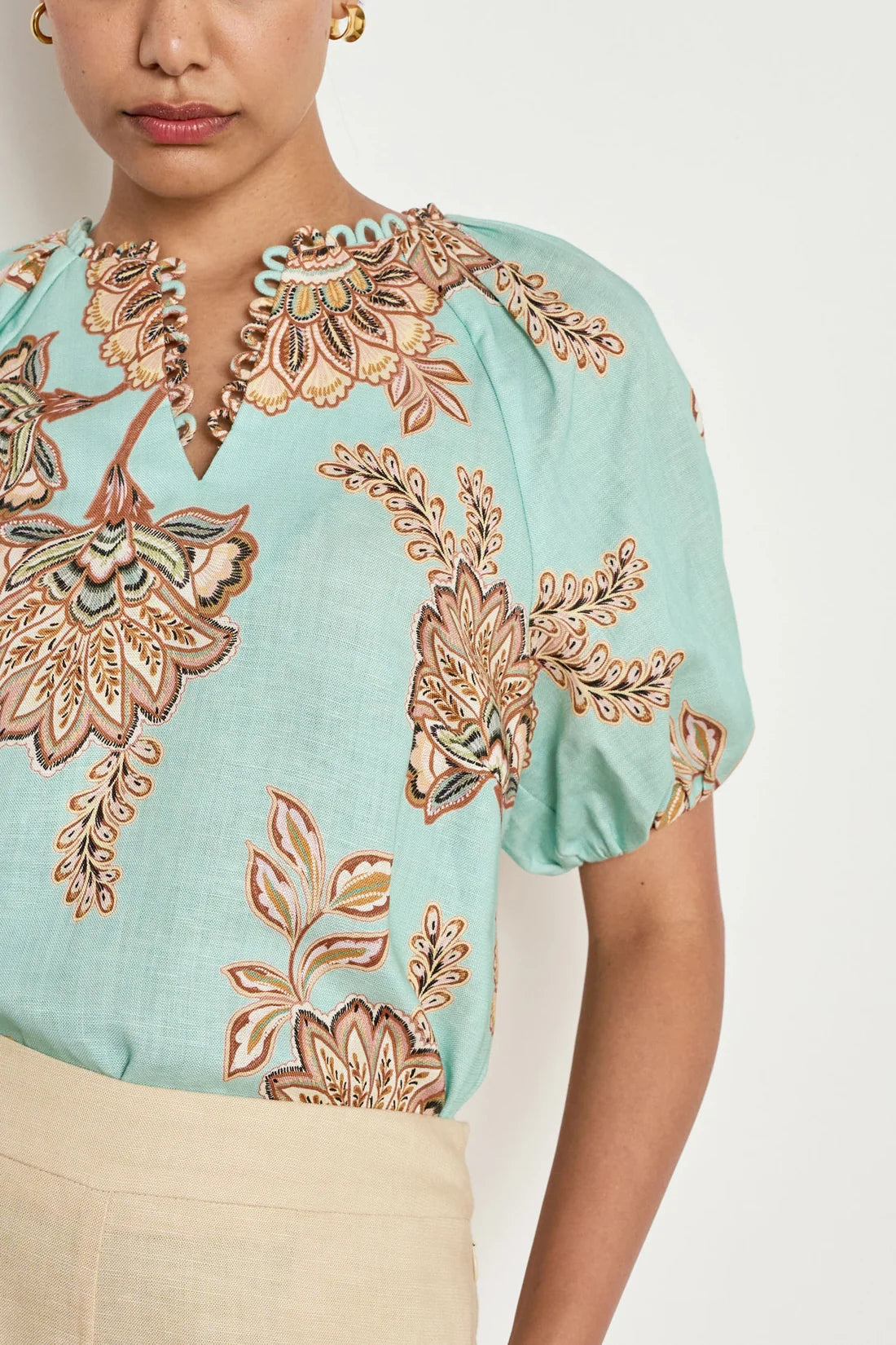 ZOE KRATSMANN PERCEIVE TOP MINT LINEN TOP WITH FLOARL PATTERN PUFF SLEEVES AND LOOP DETAIL ALONG NECK LINE