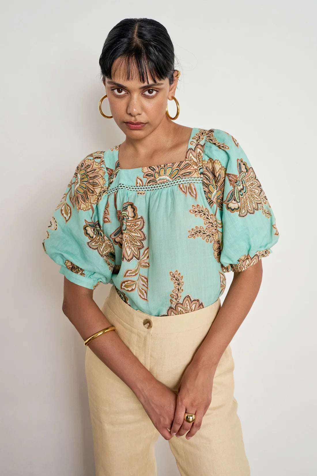 ZOE KRATSMANN GRACE TOP MINT LINEN TOP WITH FLOARL PATTERN PUFF SLEEVES SQUARE NECK AND SMALL LATTICE DETAILING UNDER THE NECKLINE