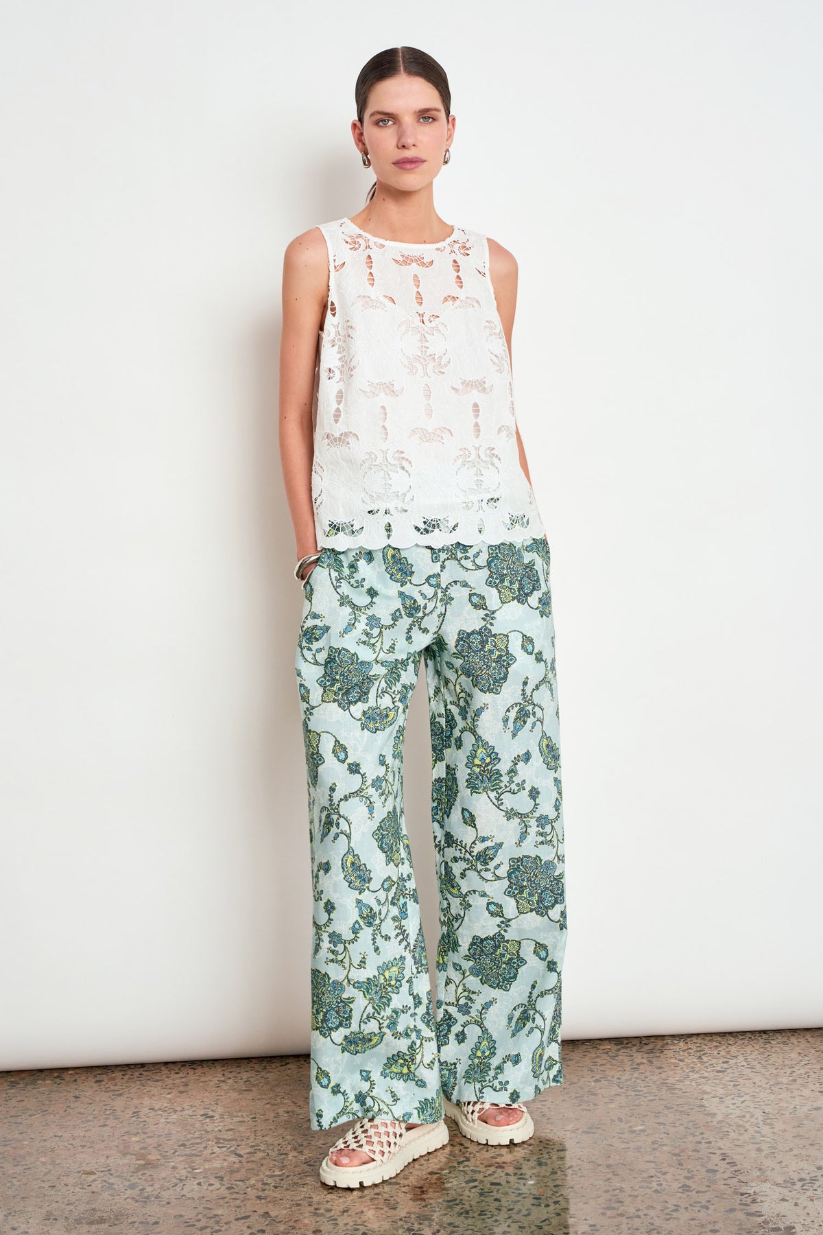 ZOE KRATZMANN GARNER TOP ALABASTER - A sleeveless white lace top with a scalloped hem and sheer flutter sleeves