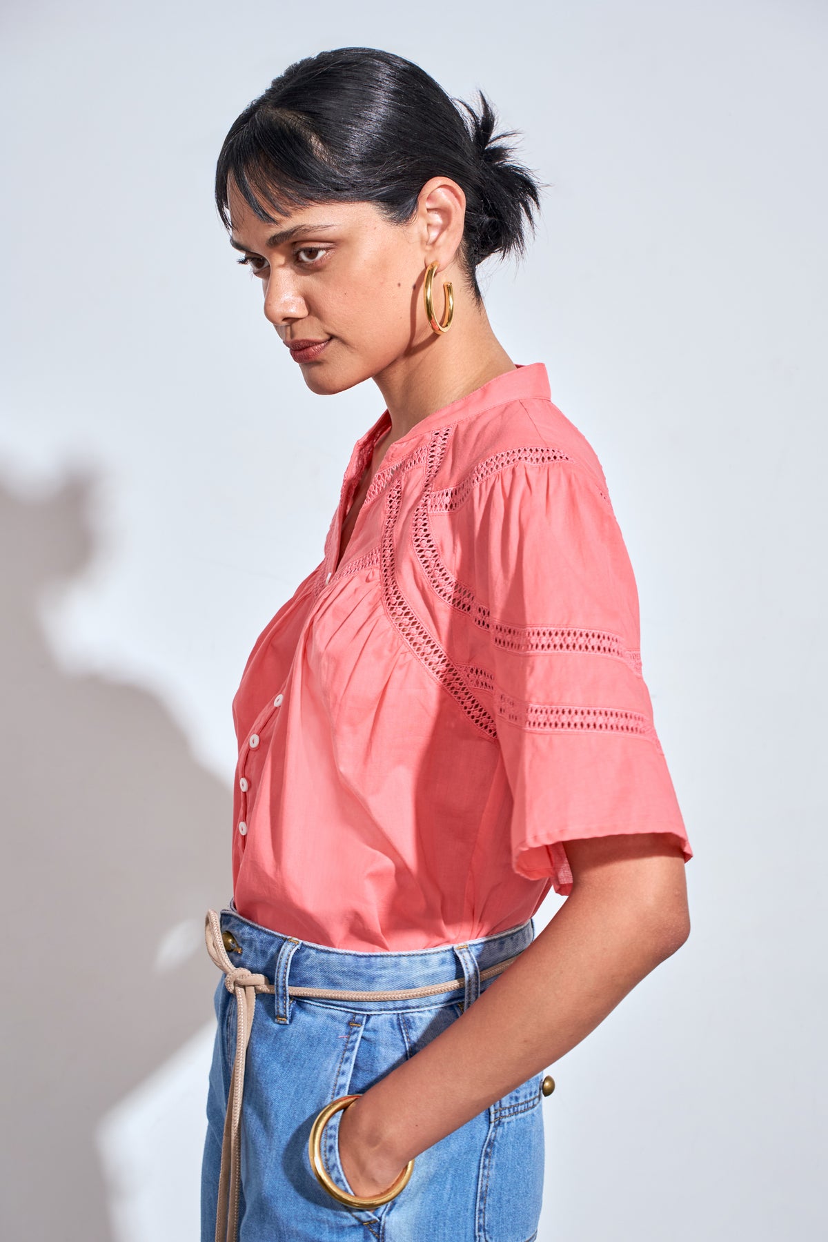 ZOE KRATZMANN PULSE TOP FLAMINGO WITH DEOCORATIVE EYELET LACE DETAIL