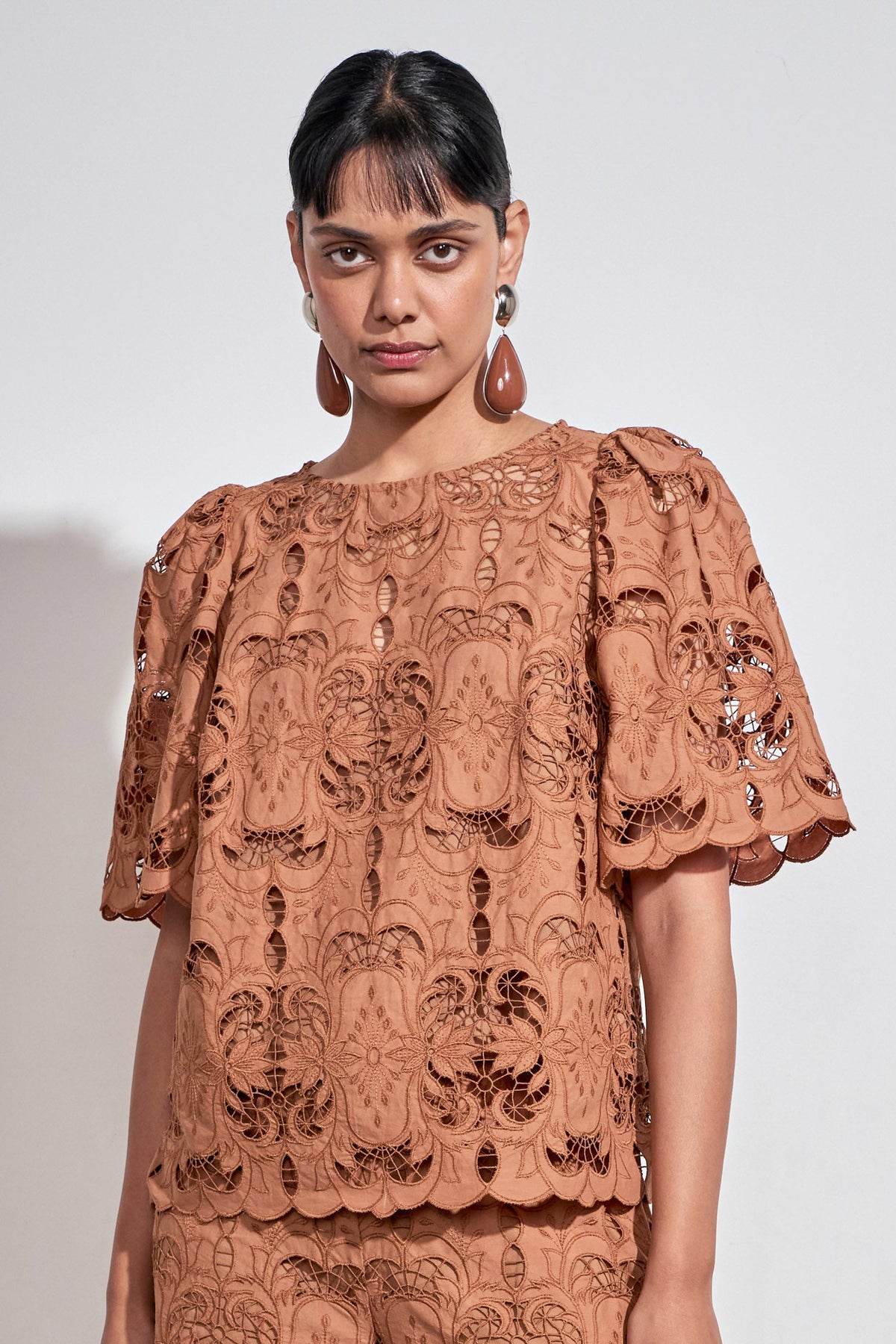 RESOLVE TOP intricate cotton lace in truffle colour