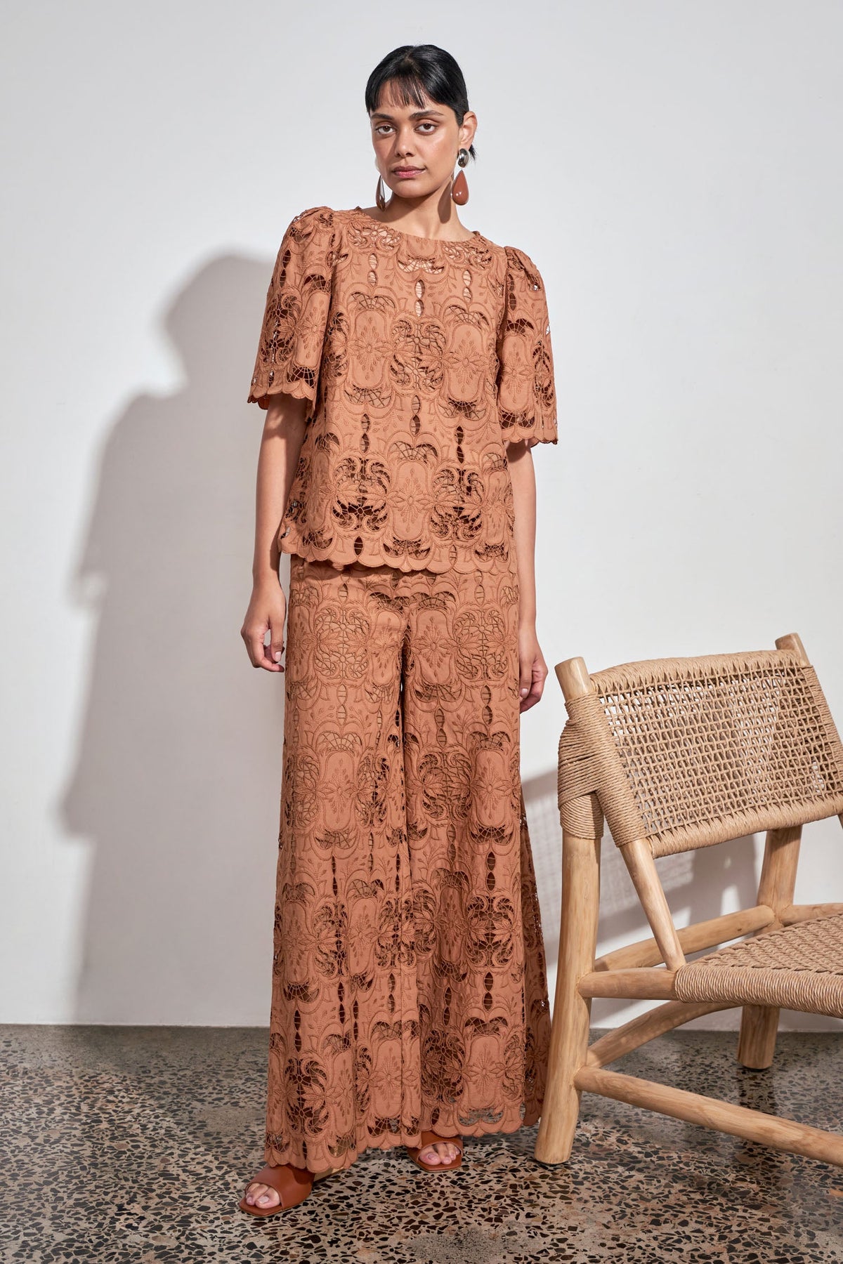 RESOLVE TOP intricate cotton lace in truffle colour
