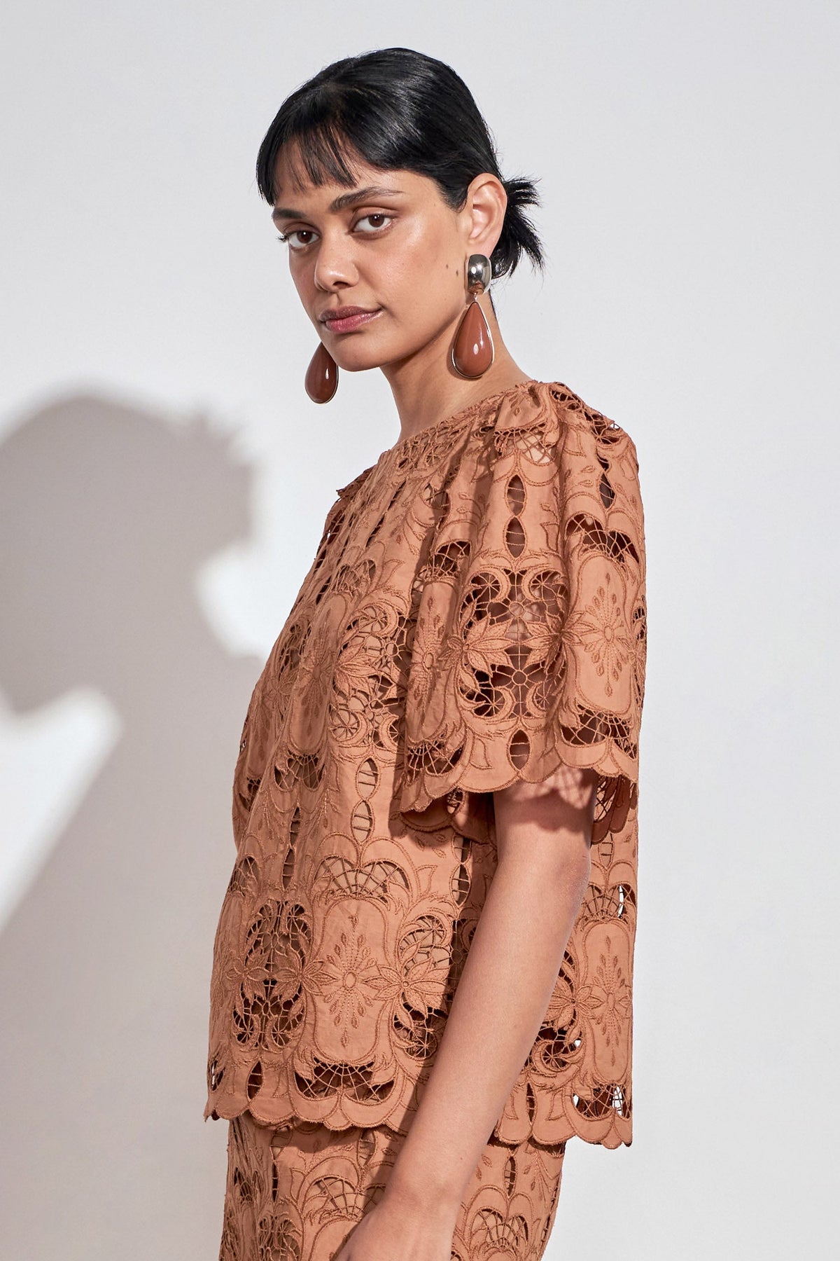RESOLVE TOP intricate cotton lace in truffle colour