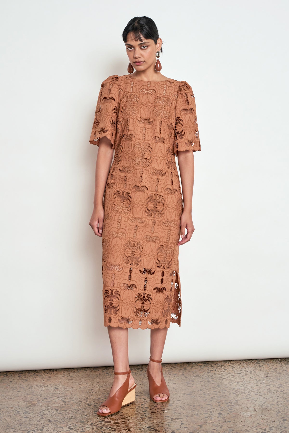 ZOE KRATZMANN GUIDE DRESS TRUFFLE - A rust-brown lace midi dress with short puff sleeves and a self-tie waist.