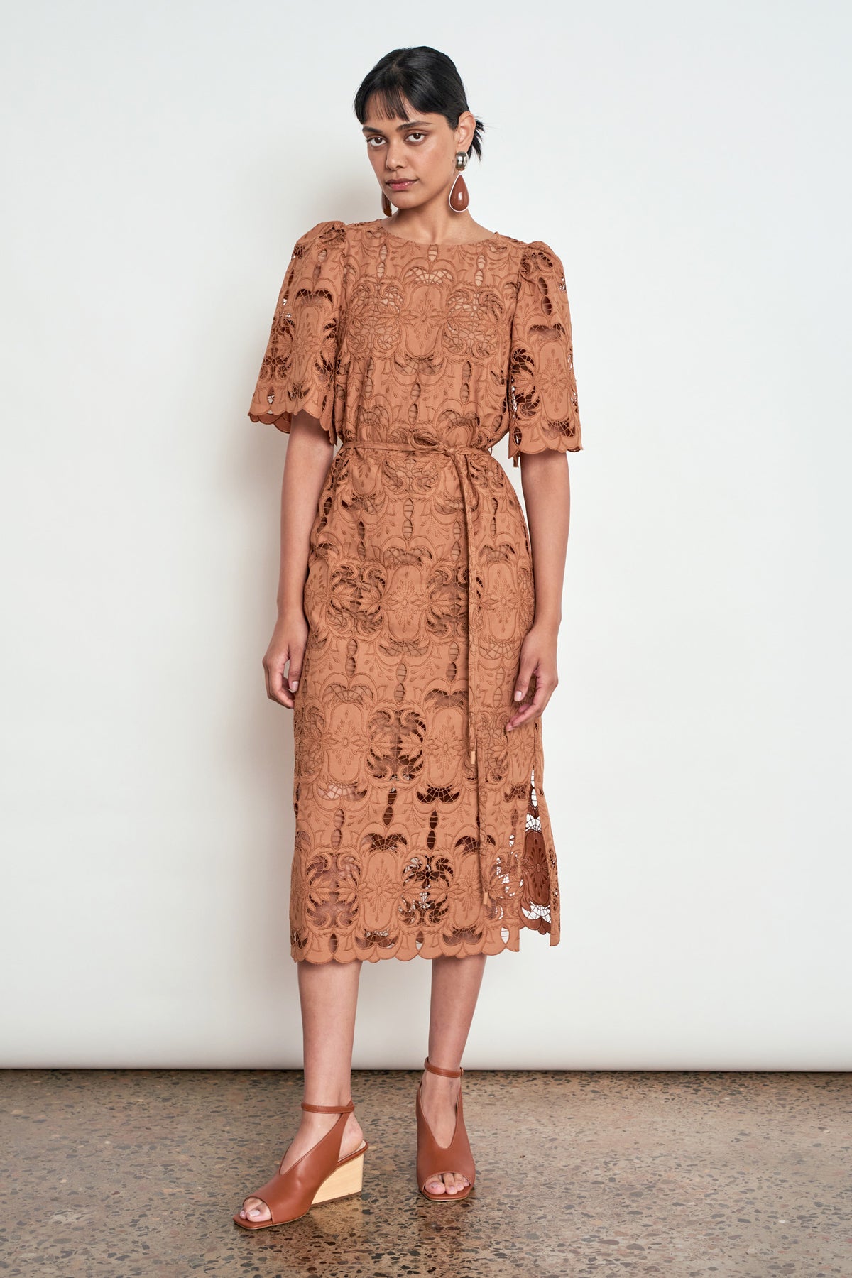 ZOE KRATZMANN GUIDE DRESS TRUFFLE - A rust-brown lace midi dress with short puff sleeves and a self-tie waist.