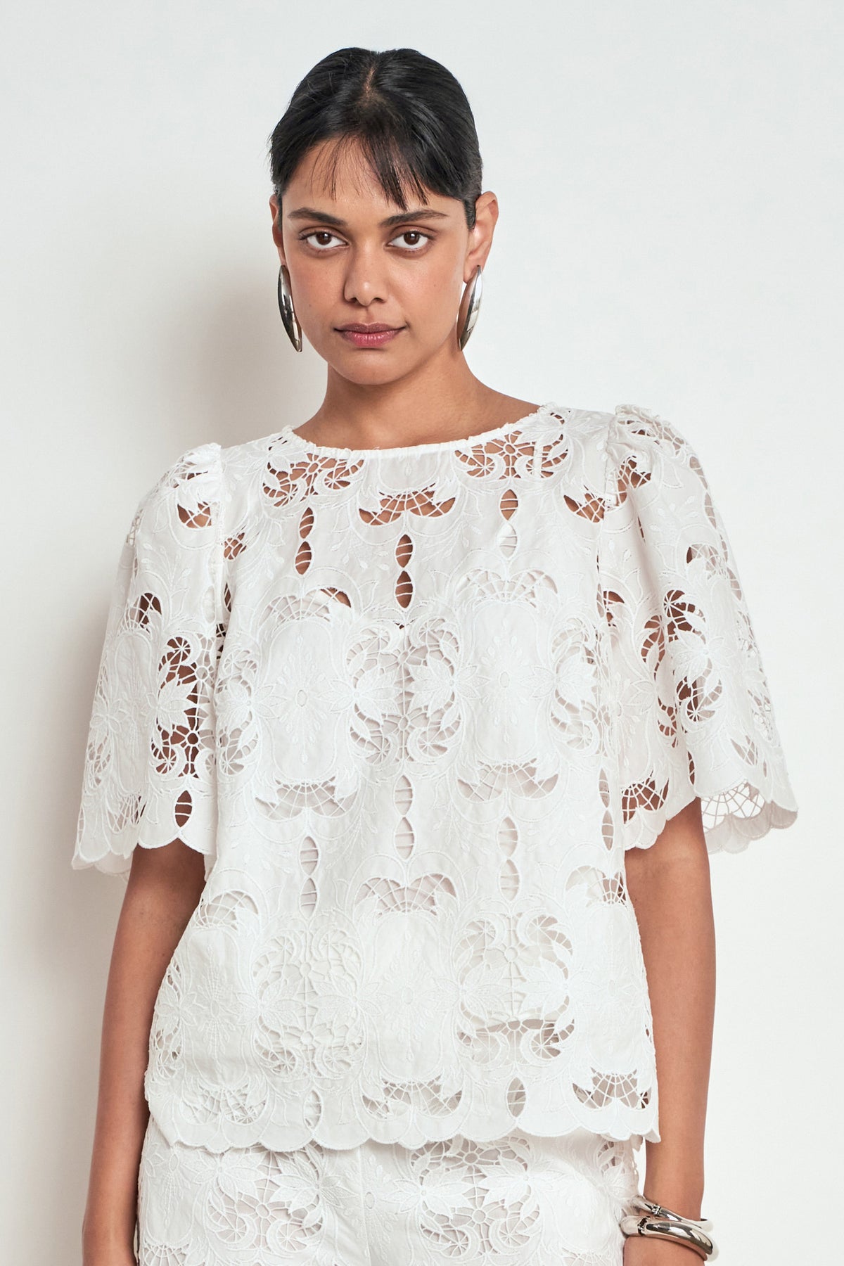 ZOE KRATZMANN RESOLVE TOP white lace blouse with short flutter sleeves and a scalloped hem