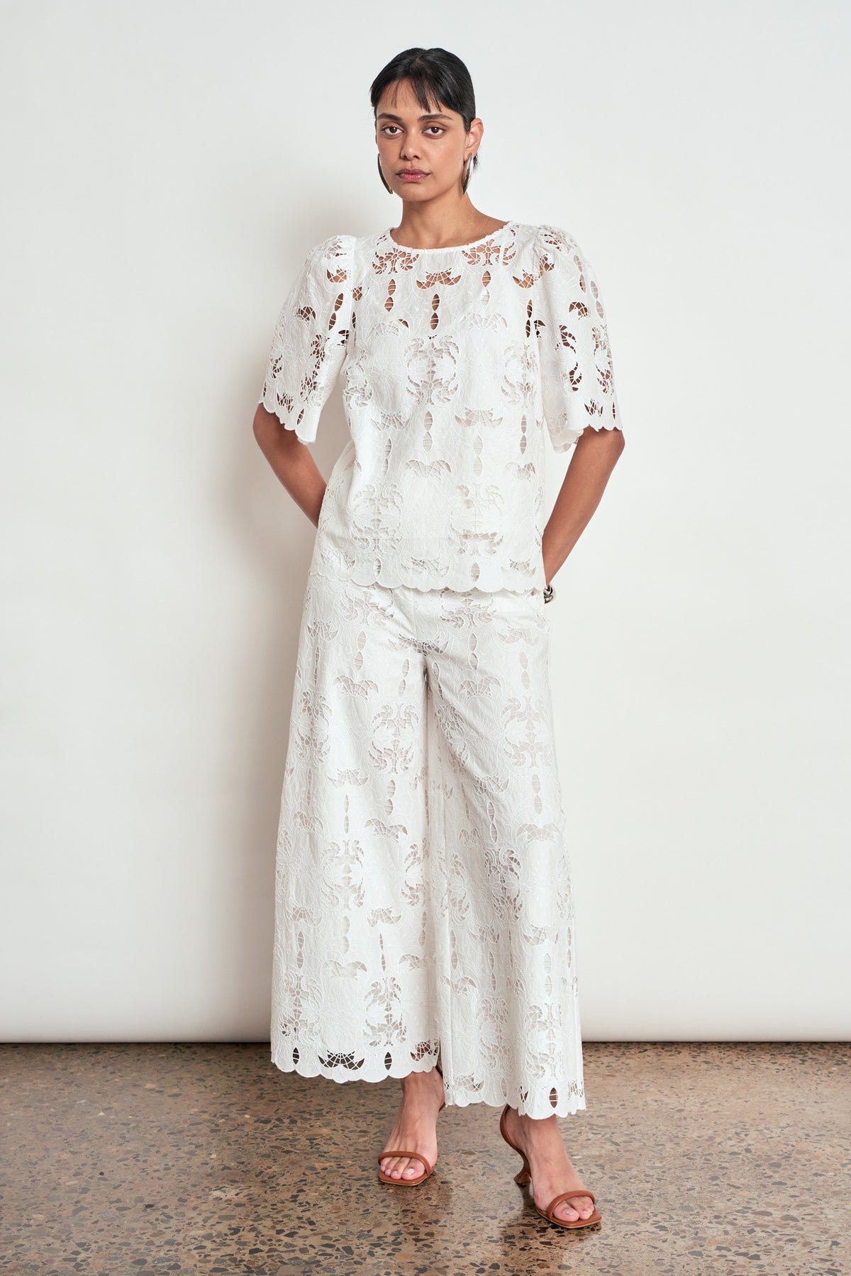 ZOE KRATZMANN RESOLVE TOP white lace blouse with short flutter sleeves and a scalloped hem
