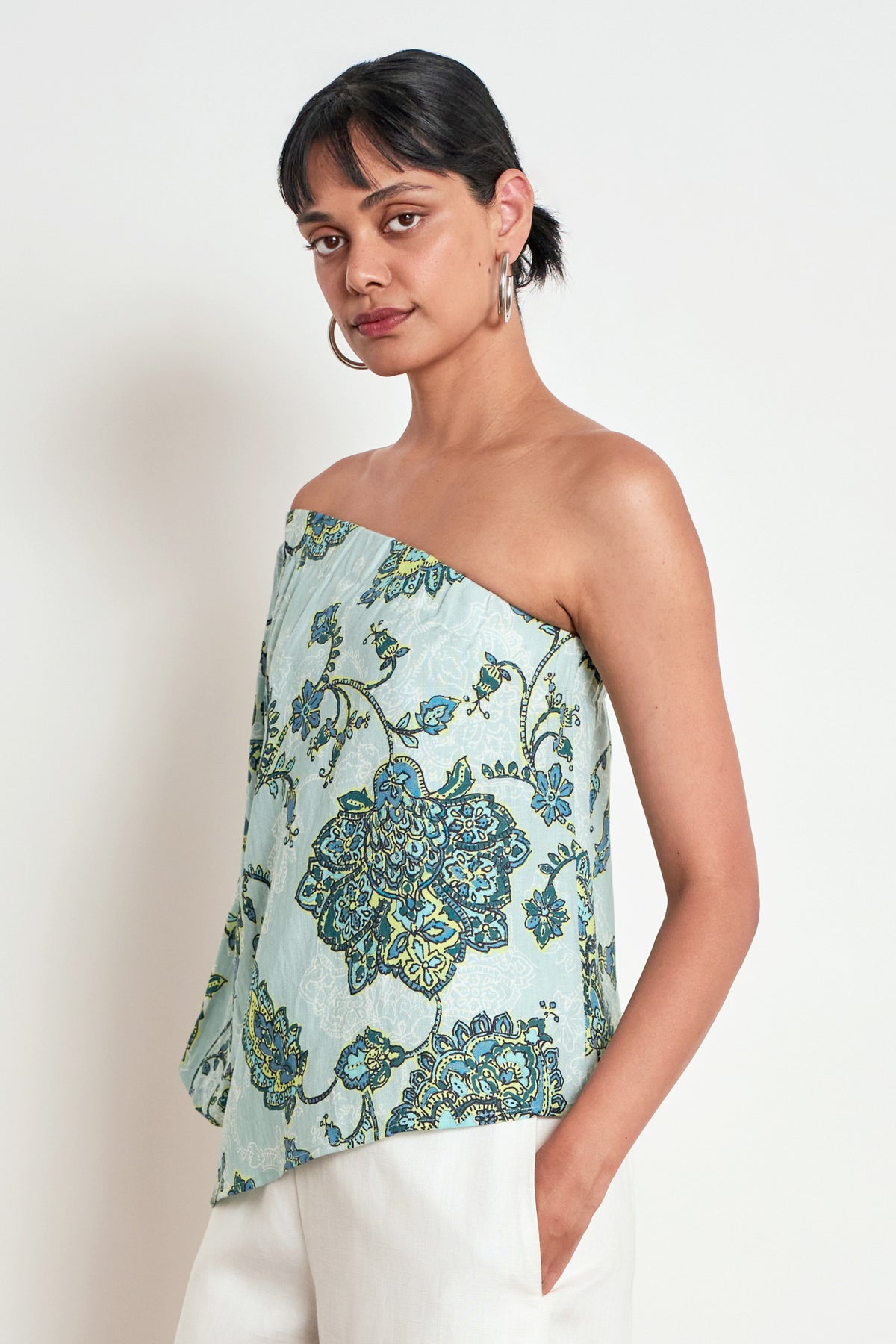 ZOE KRATZMANN PEARL TOP FERN PAISLEY ONE SHOULDER TOP WITH PUFF SLEEVE