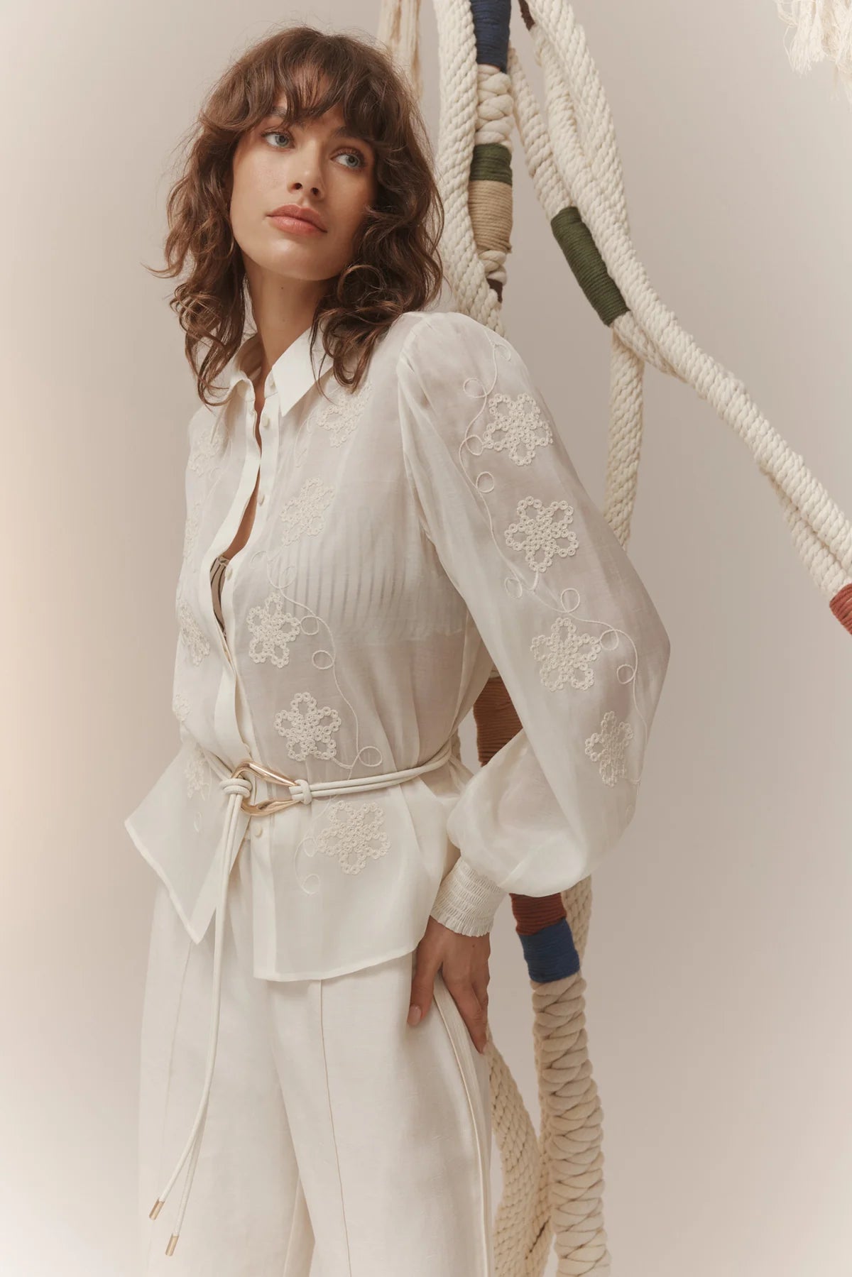 Cable tie belt with sculptural gold buckle