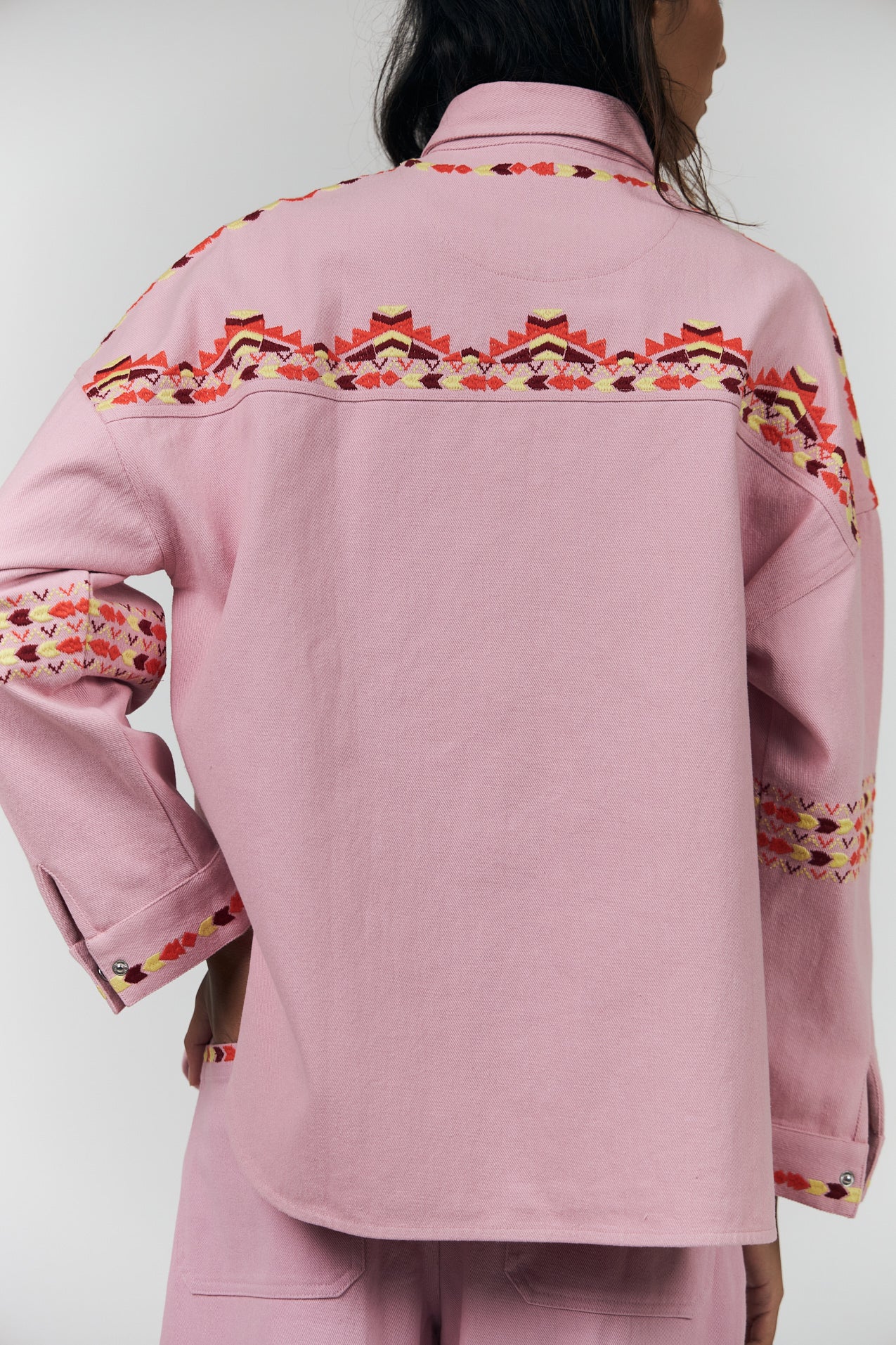 LOLLYS LAUNDRY VEINDA OVERSHIRT COTTON DENIM EMBROIDERY PINK SHIRT