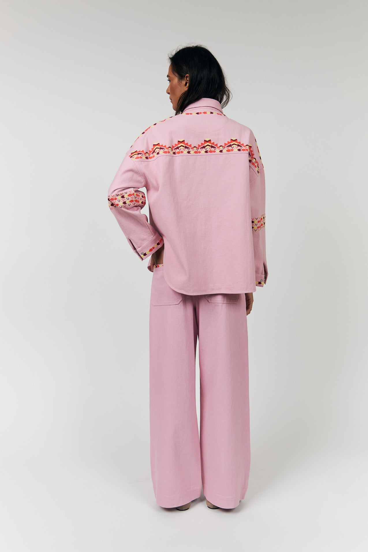 LOLLYS LAUNDRY VEINDA OVERSHIRT COTTON DENIM EMBROIDERY PINK SHIRT