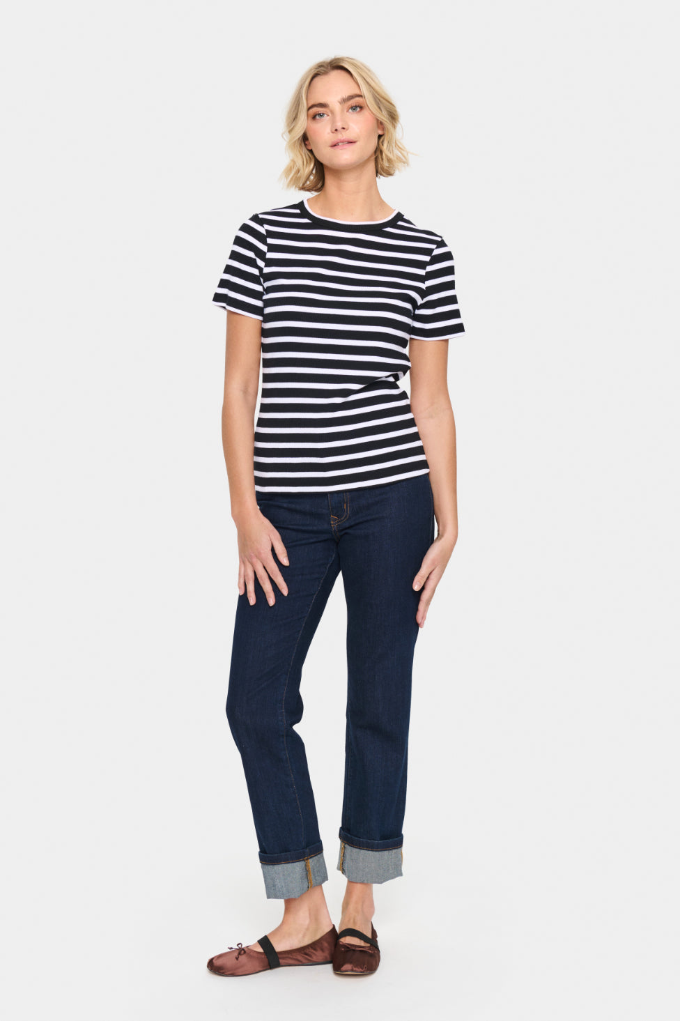 SAINT TROPEZ ASTER STRIPE TSHIRT BLACK AND WHITE STRIPE COTTON TEE