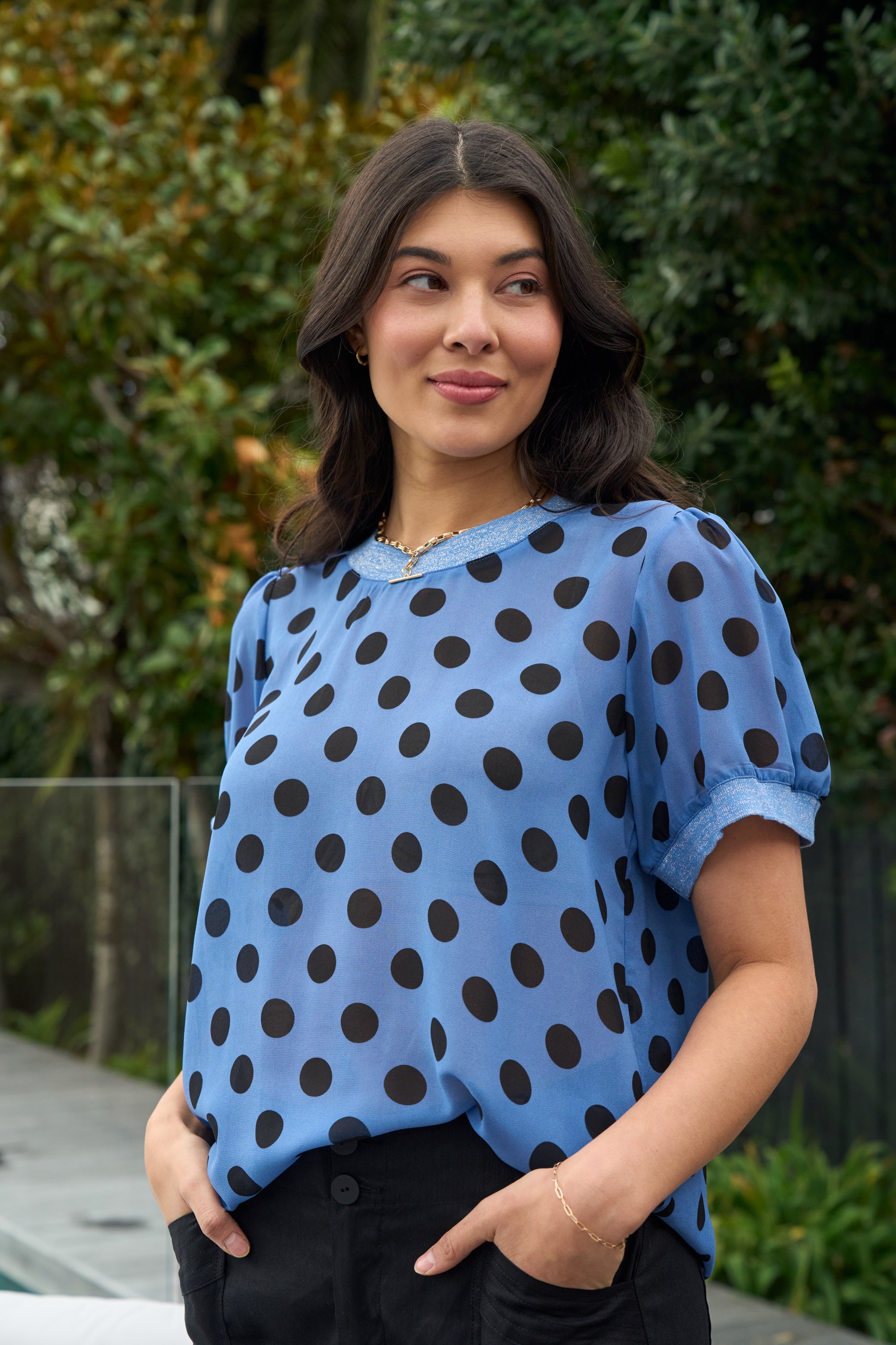 LONGBEACH MEMO SWING RIB TRIM TSHIRT BLUE SPOT POLYESTER TOP