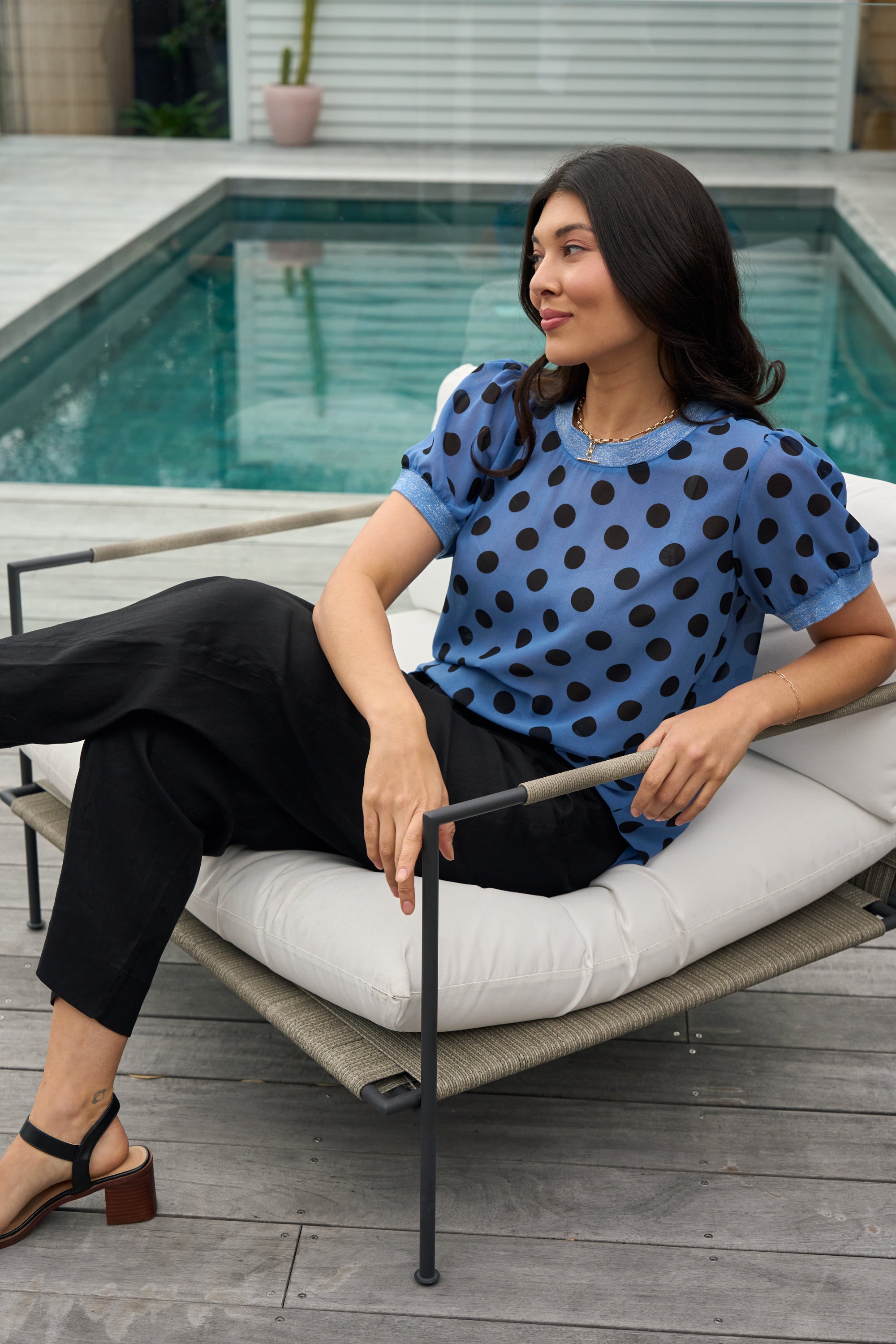 LONGBEACH MEMO SWING RIB TRIM TSHIRT BLUE SPOT POLYESTER TOP