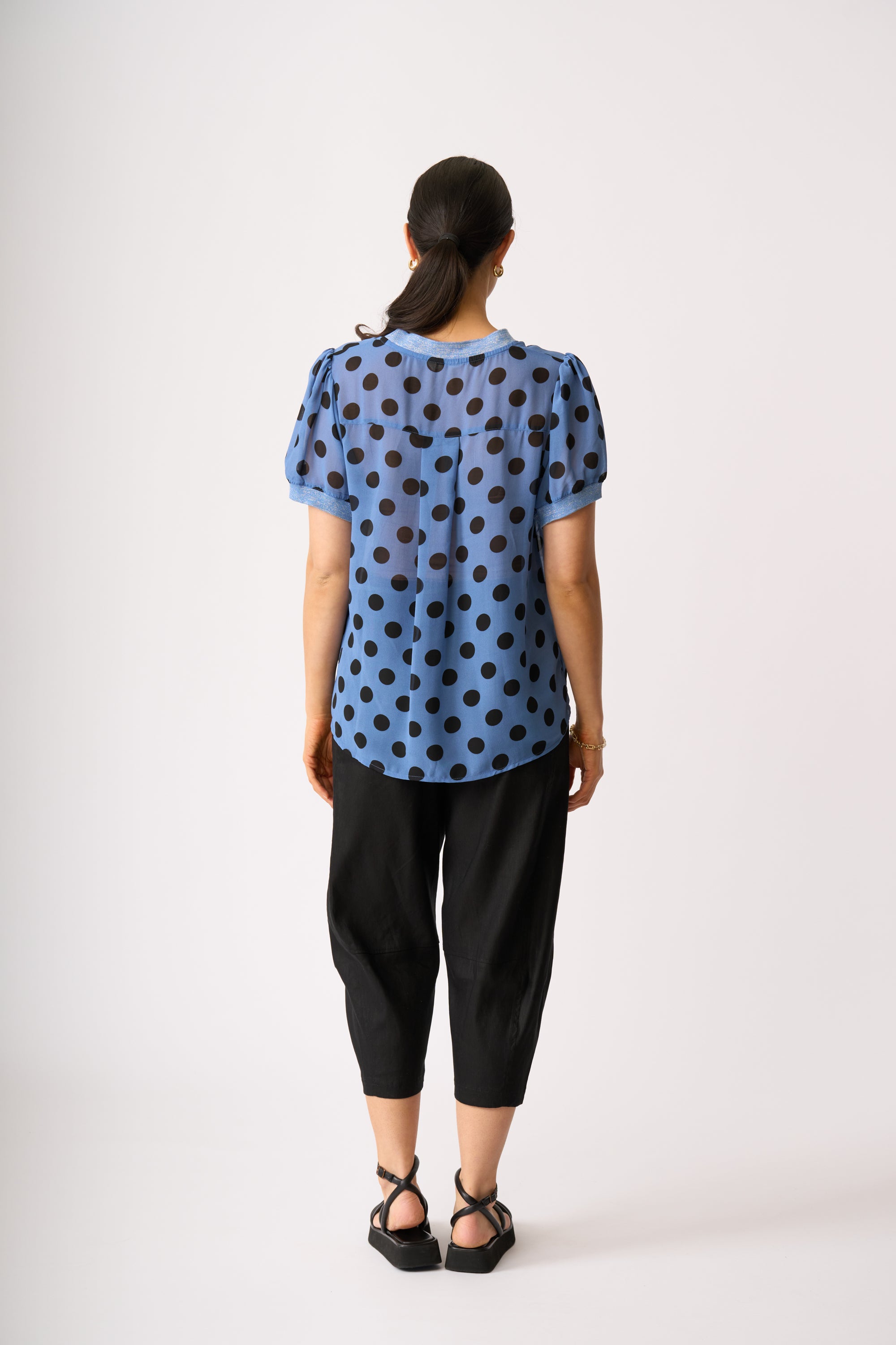 LONGBEACH MEMO SWING RIB TRIM TSHIRT BLUE SPOT POLYESTER TOP