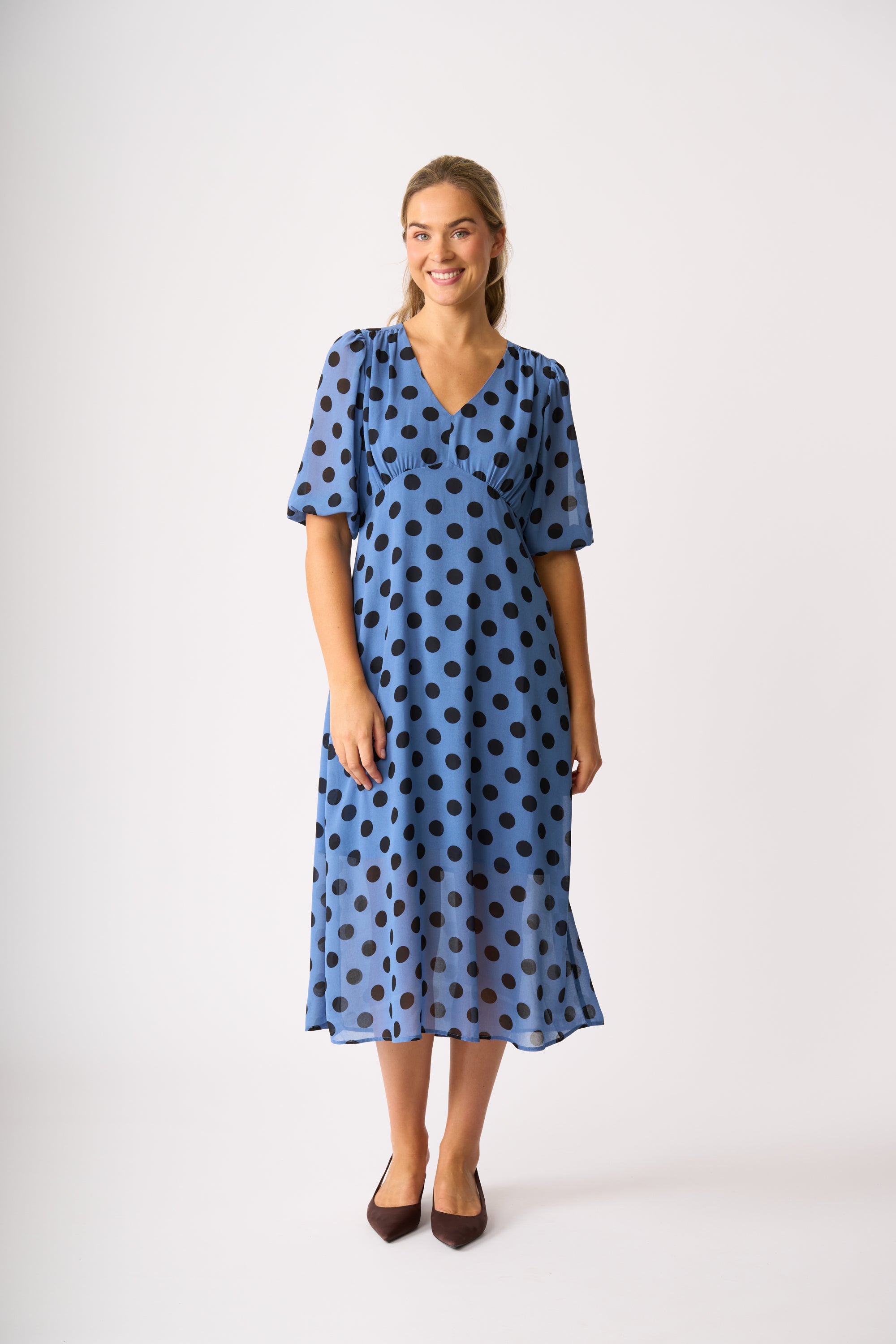 LONGBEACH MEMO V NECK FEATURES DRESS NAVY SPOT POLYESTER MIDI DRESS