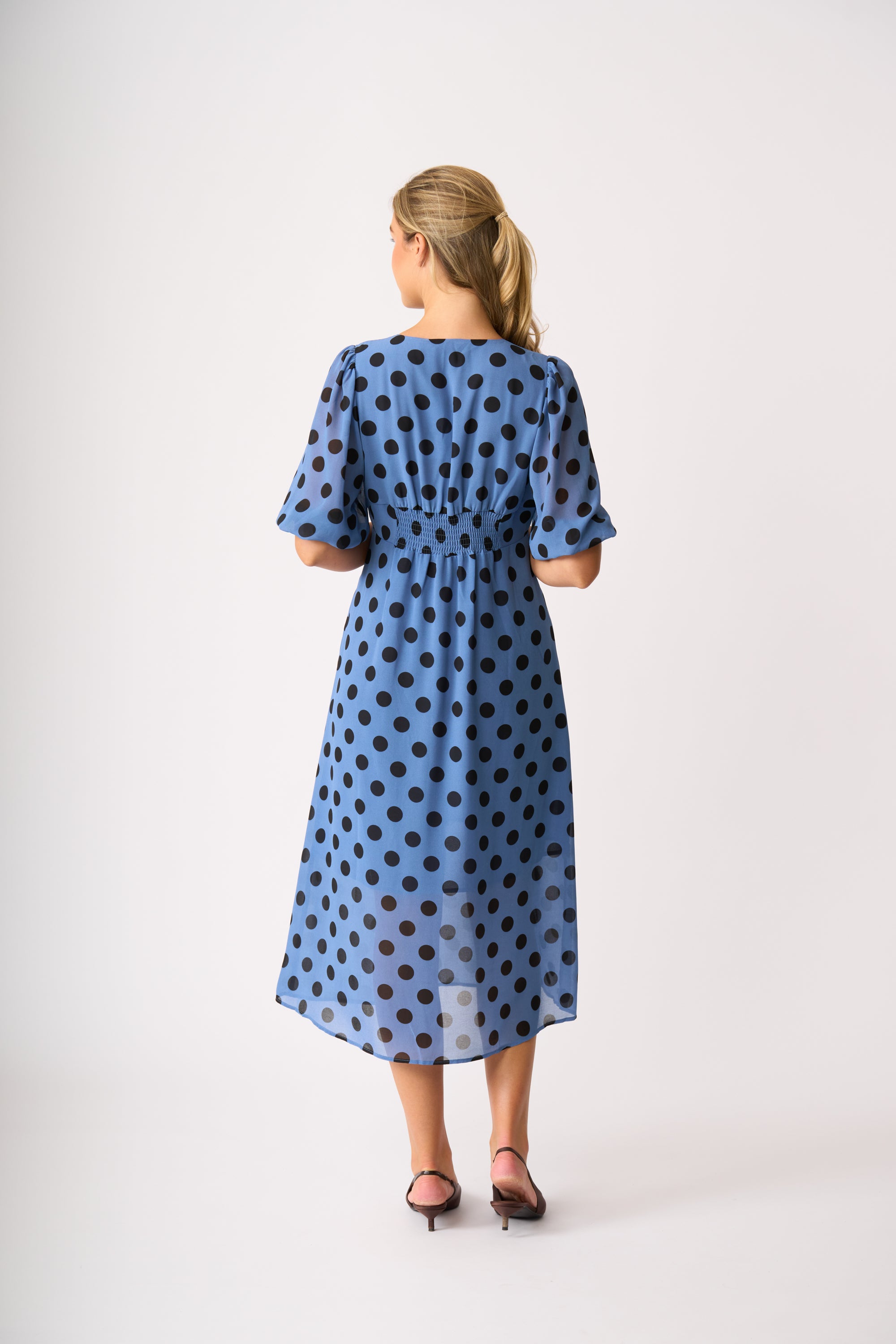 LONGBEACH MEMO V NECK FEATURES DRESS NAVY SPOT POLYESTER MIDI DRESS