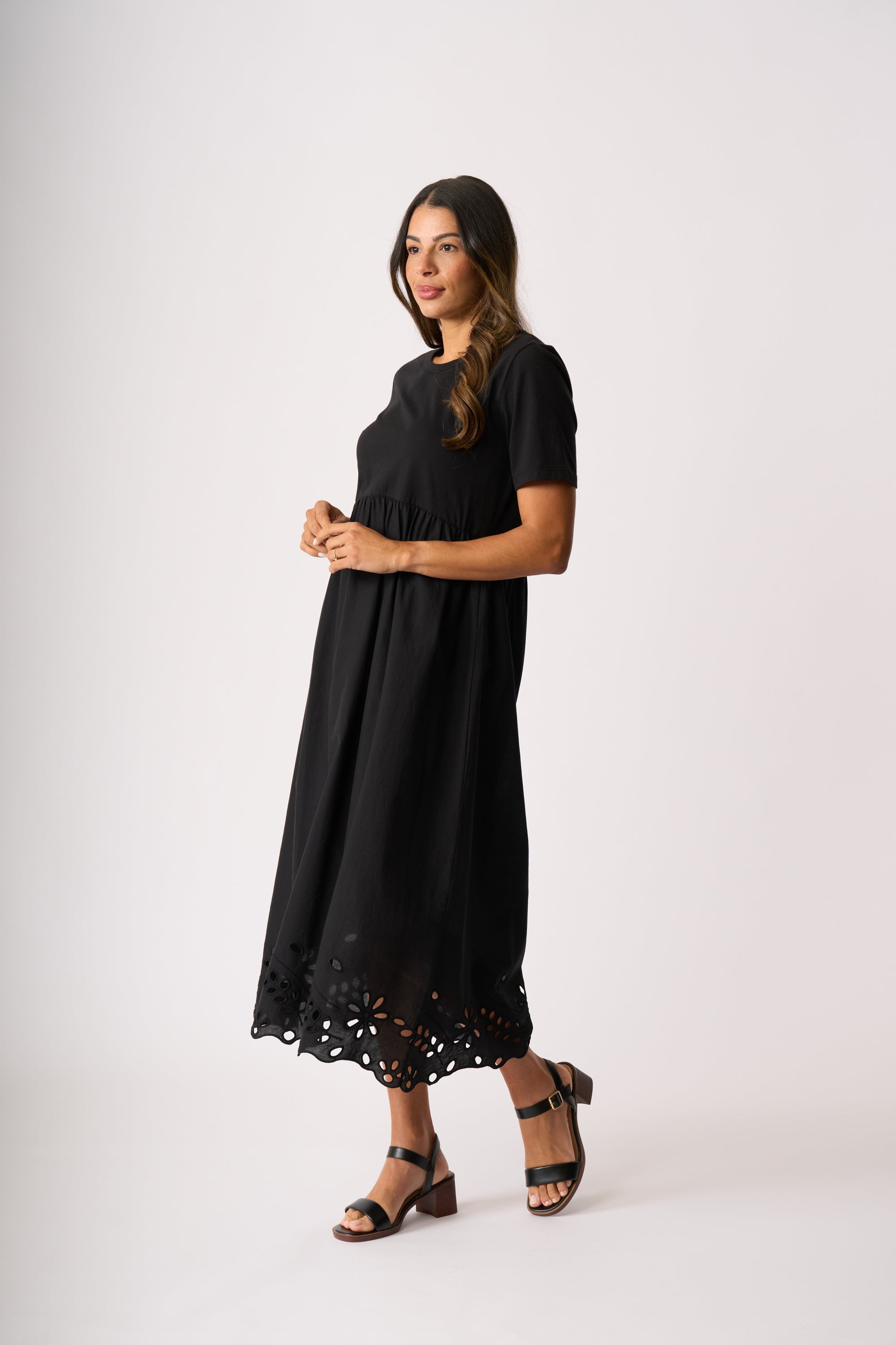 LONGBEACH MEMO CONTRACT DETAIL SWING DRESS COTTON BLACK MIDI DRESS