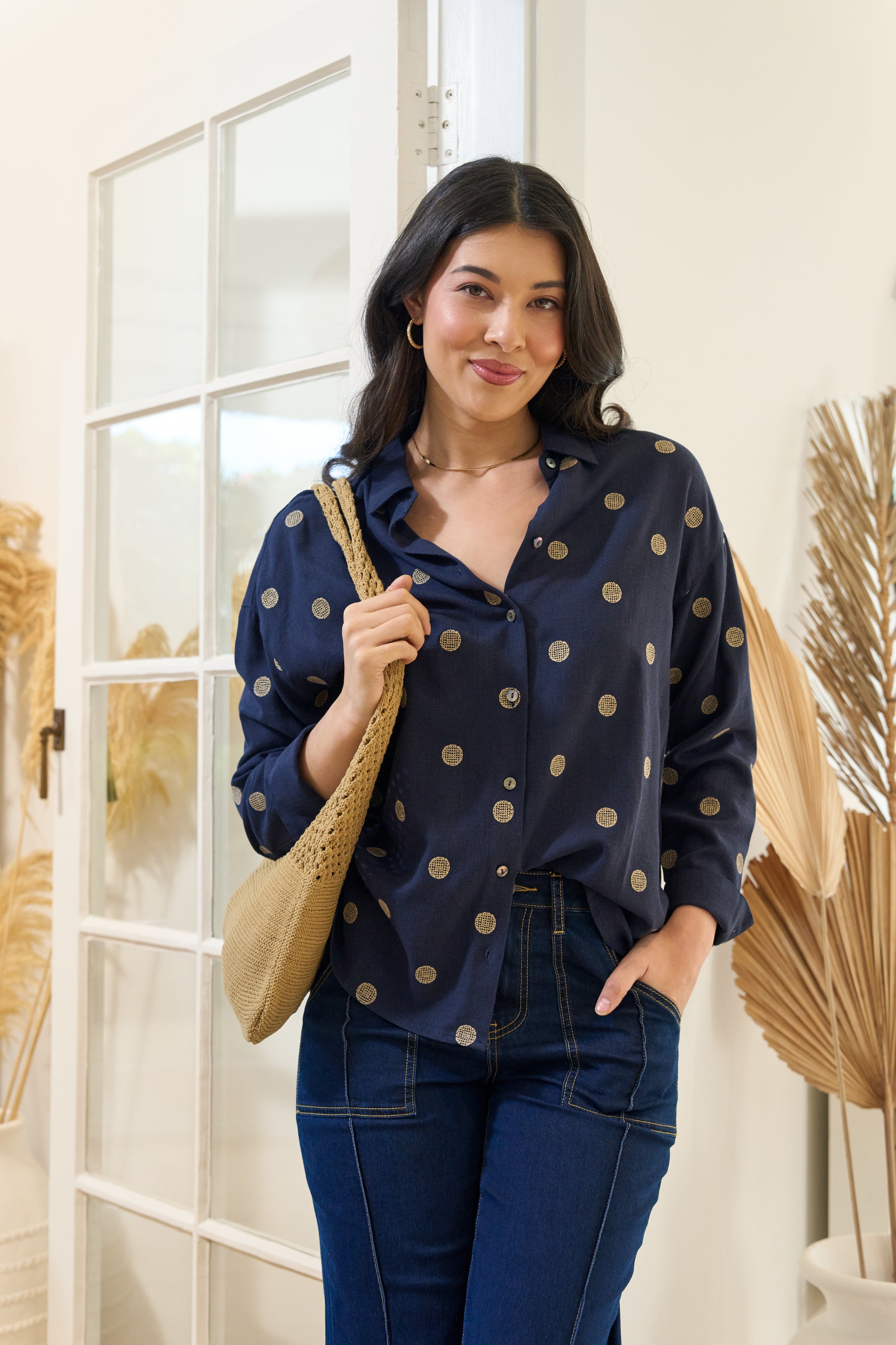 LONGBEACH OH THREE BOXY FIT SHIRT NAVY SPOT BLOUSE
