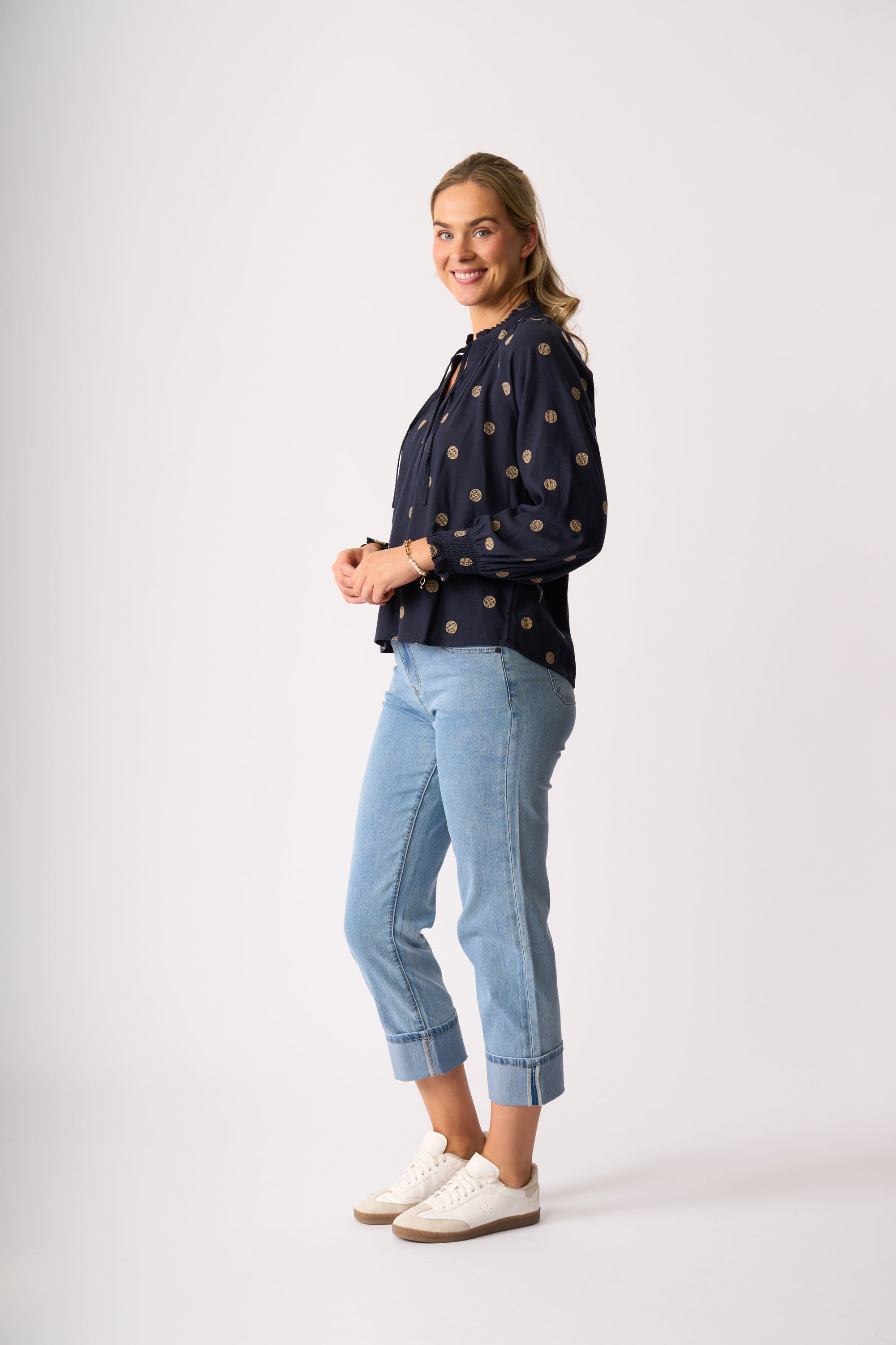 JUST CHILLIN TOP NAVY SPOT BLOUSE