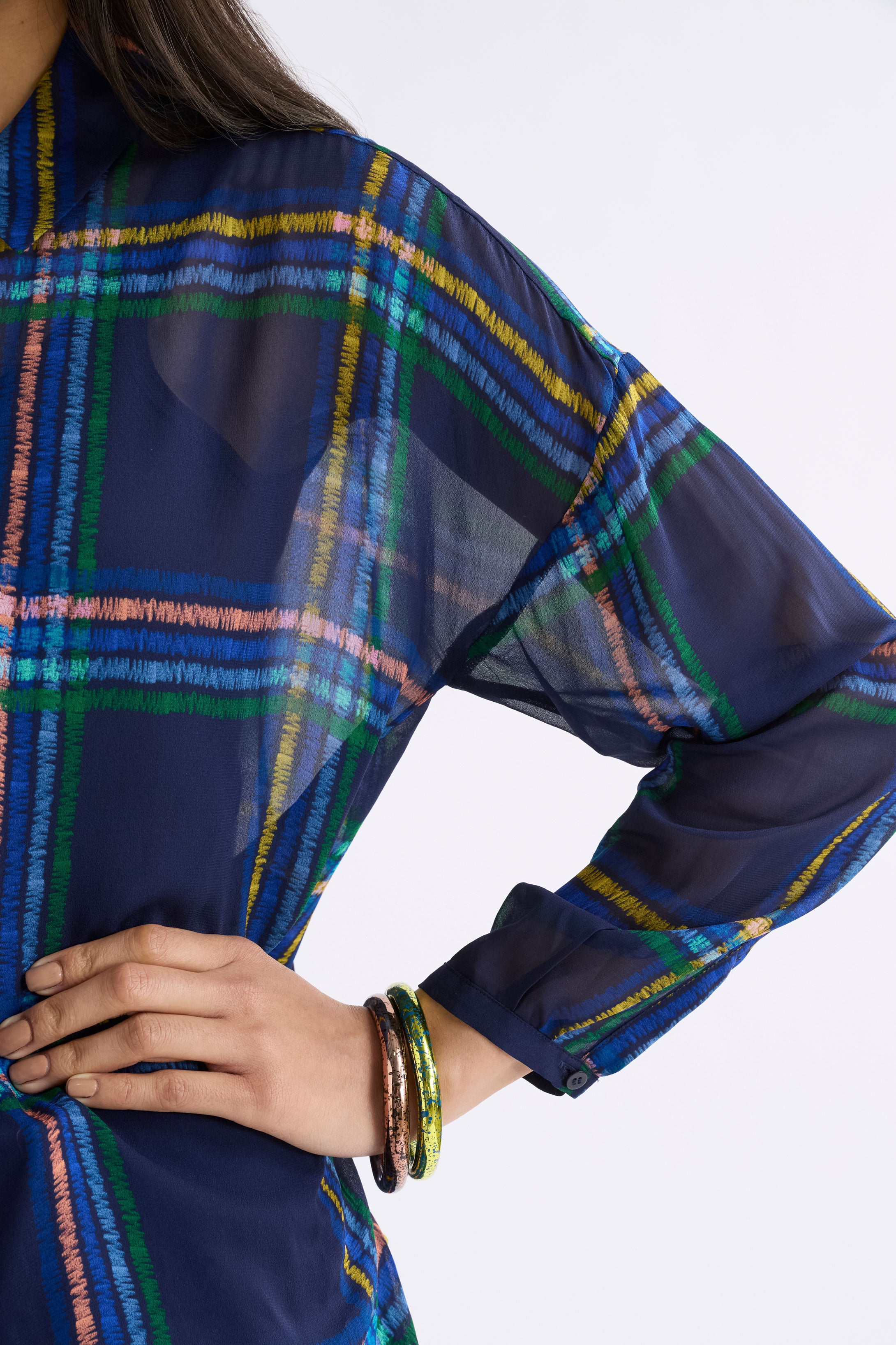 EIR SHEER SHIRT blue plaid shirt with colorful lines