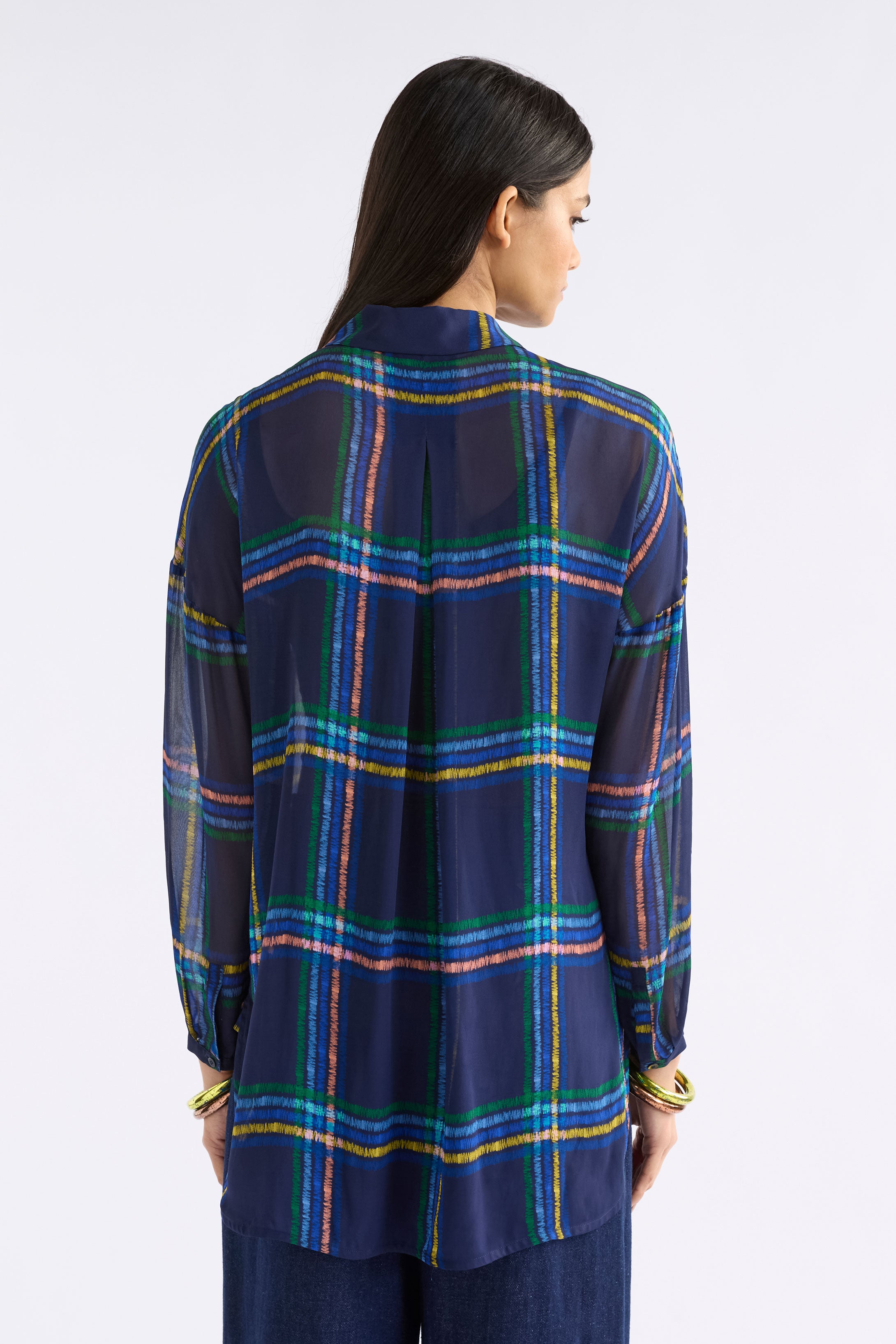 EIR SHEER SHIRT blue plaid shirt with colorful lines