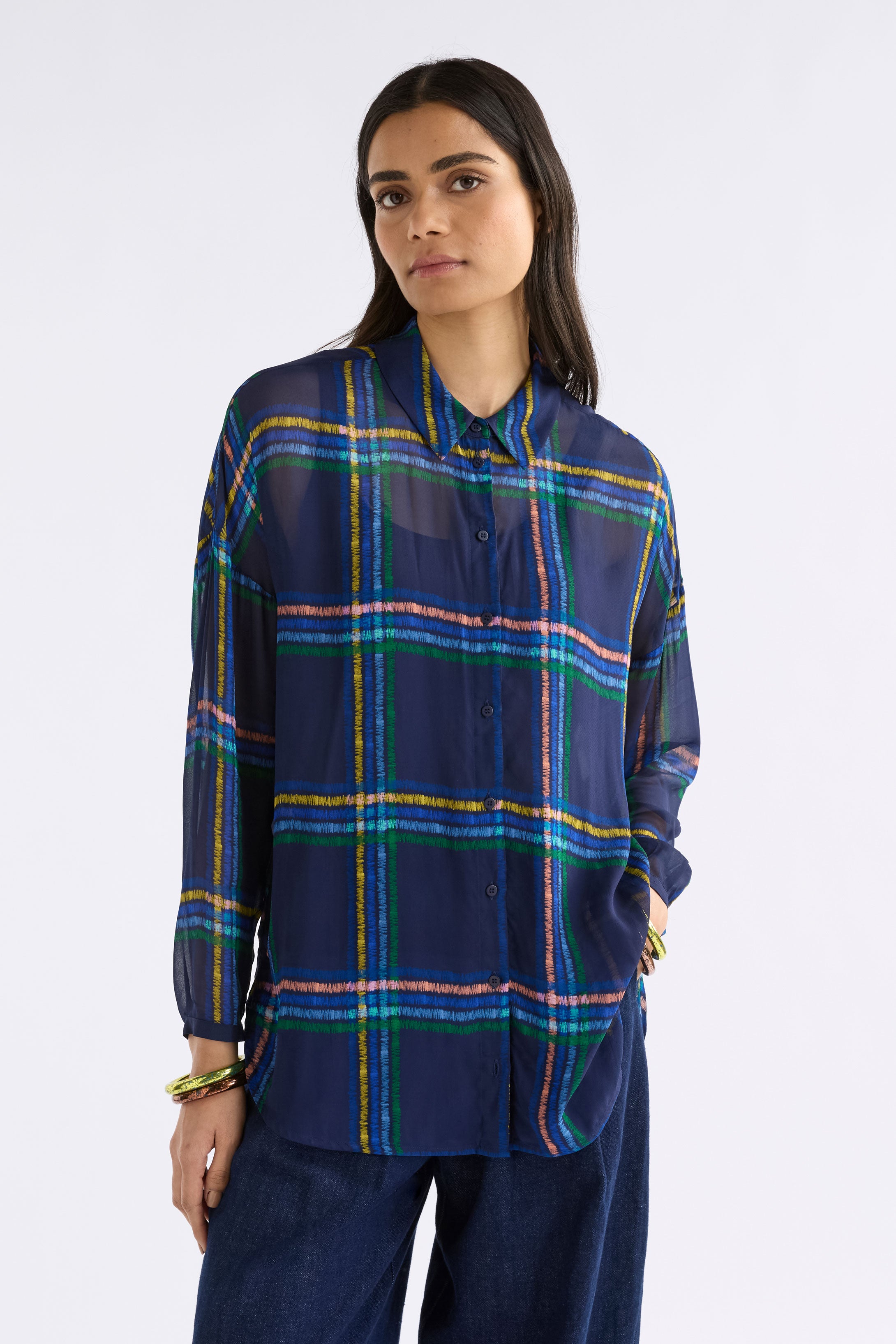 EIR SHEER SHIRT blue plaid shirt with colorful lines