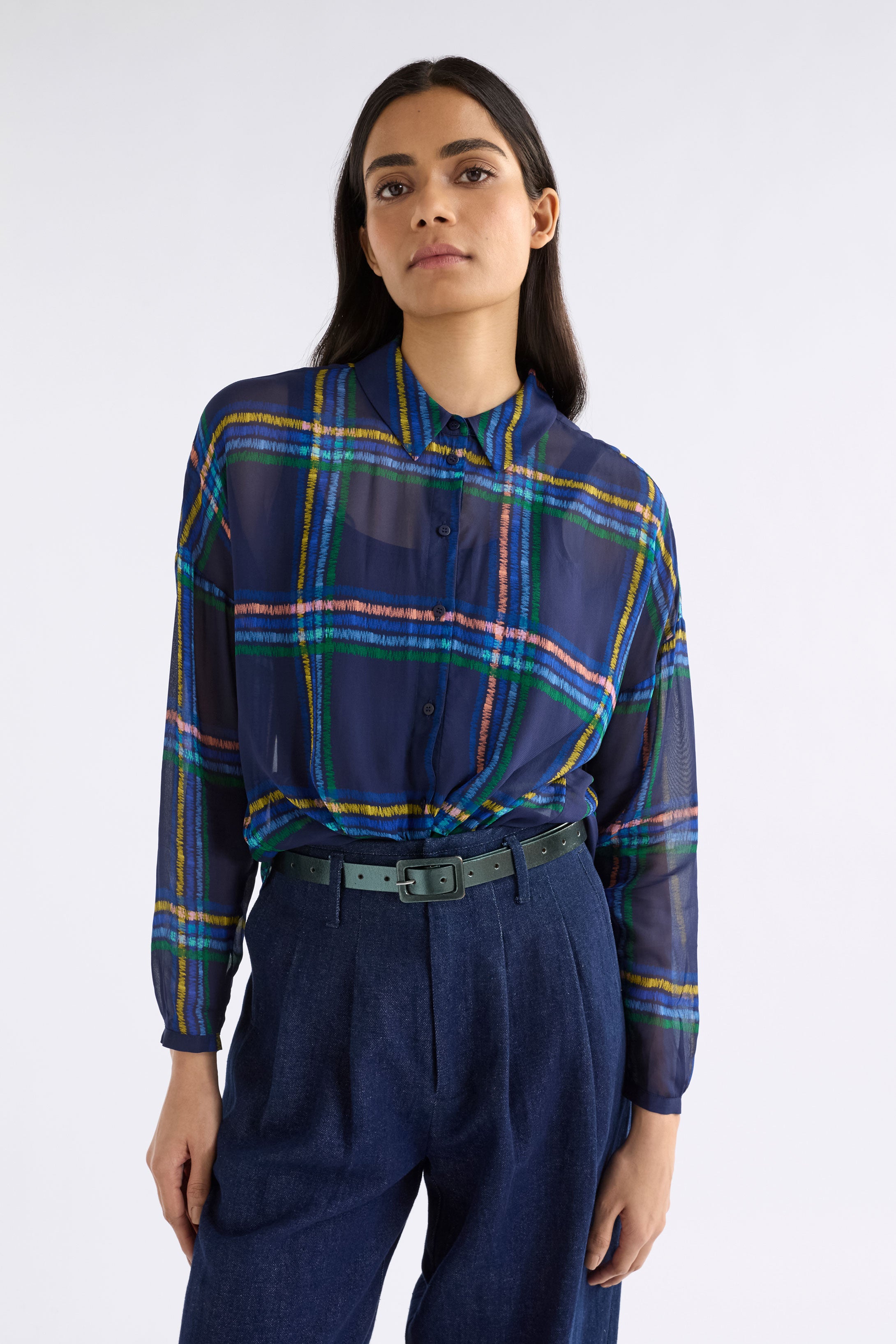 EIR SHEER SHIRT blue plaid shirt with colorful lines
