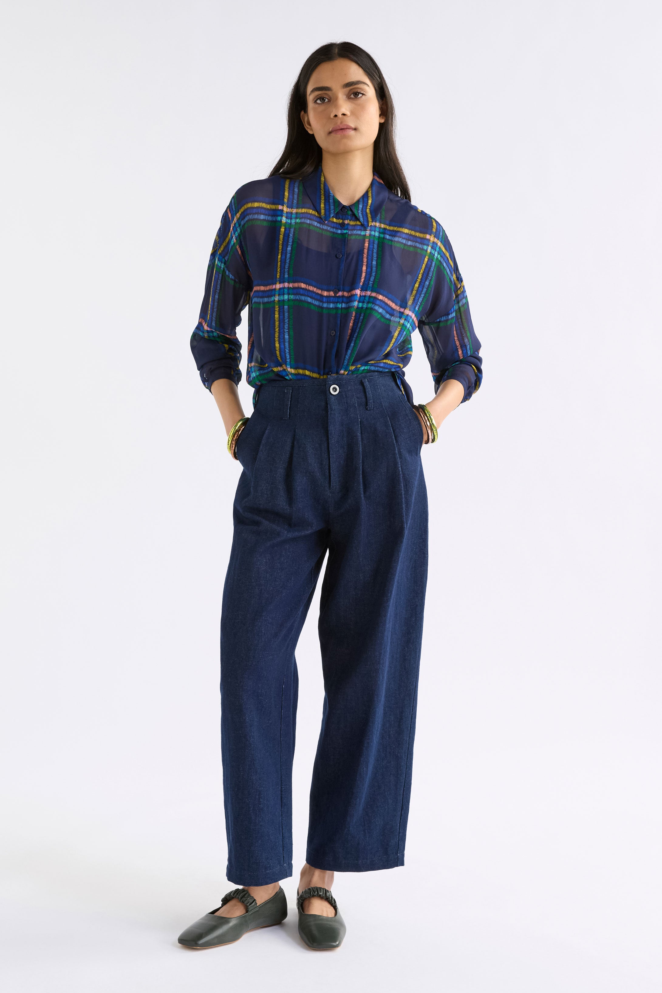 EIR SHEER SHIRT blue plaid shirt with colorful lines