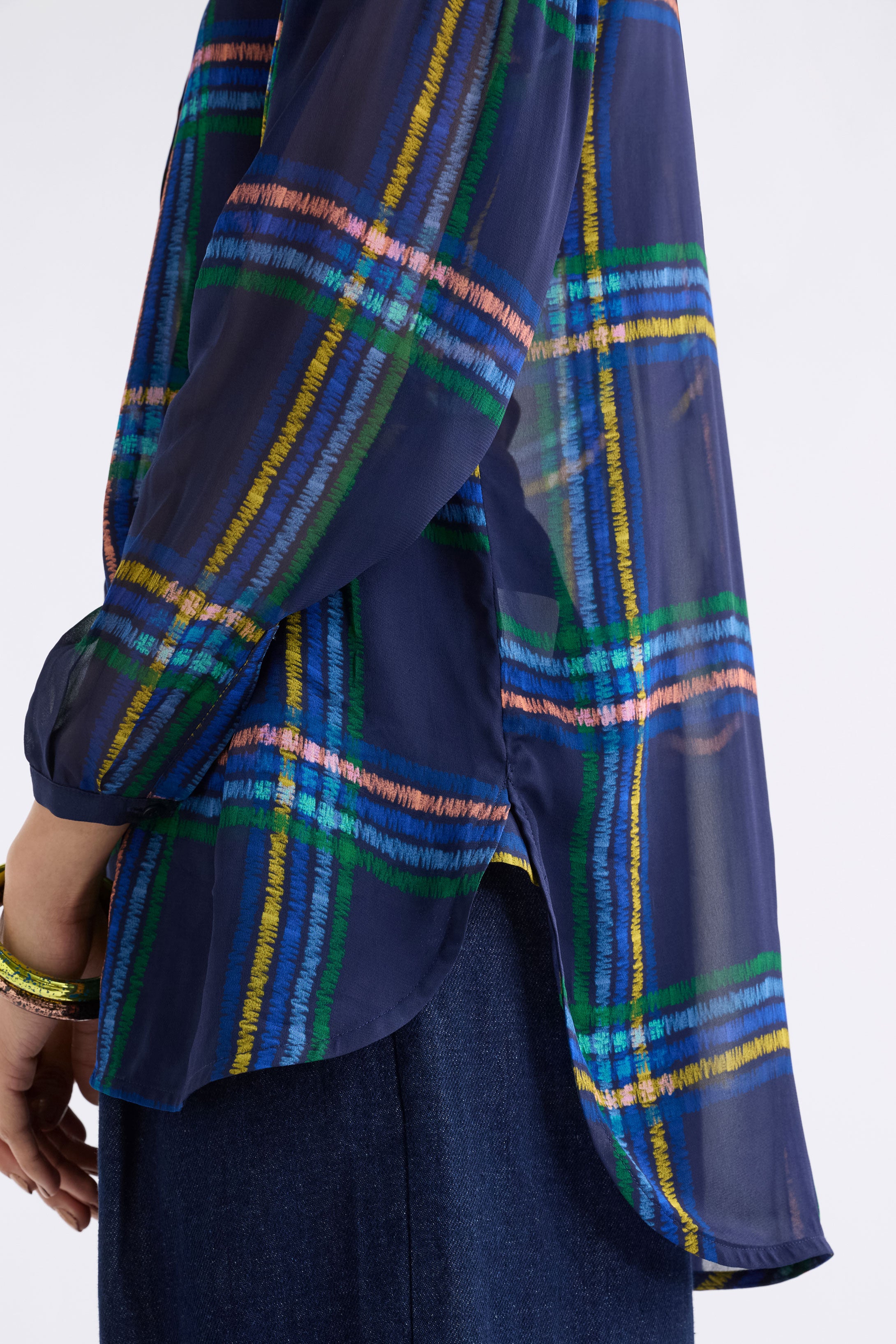 EIR SHEER SHIRT blue plaid shirt with colorful lines
