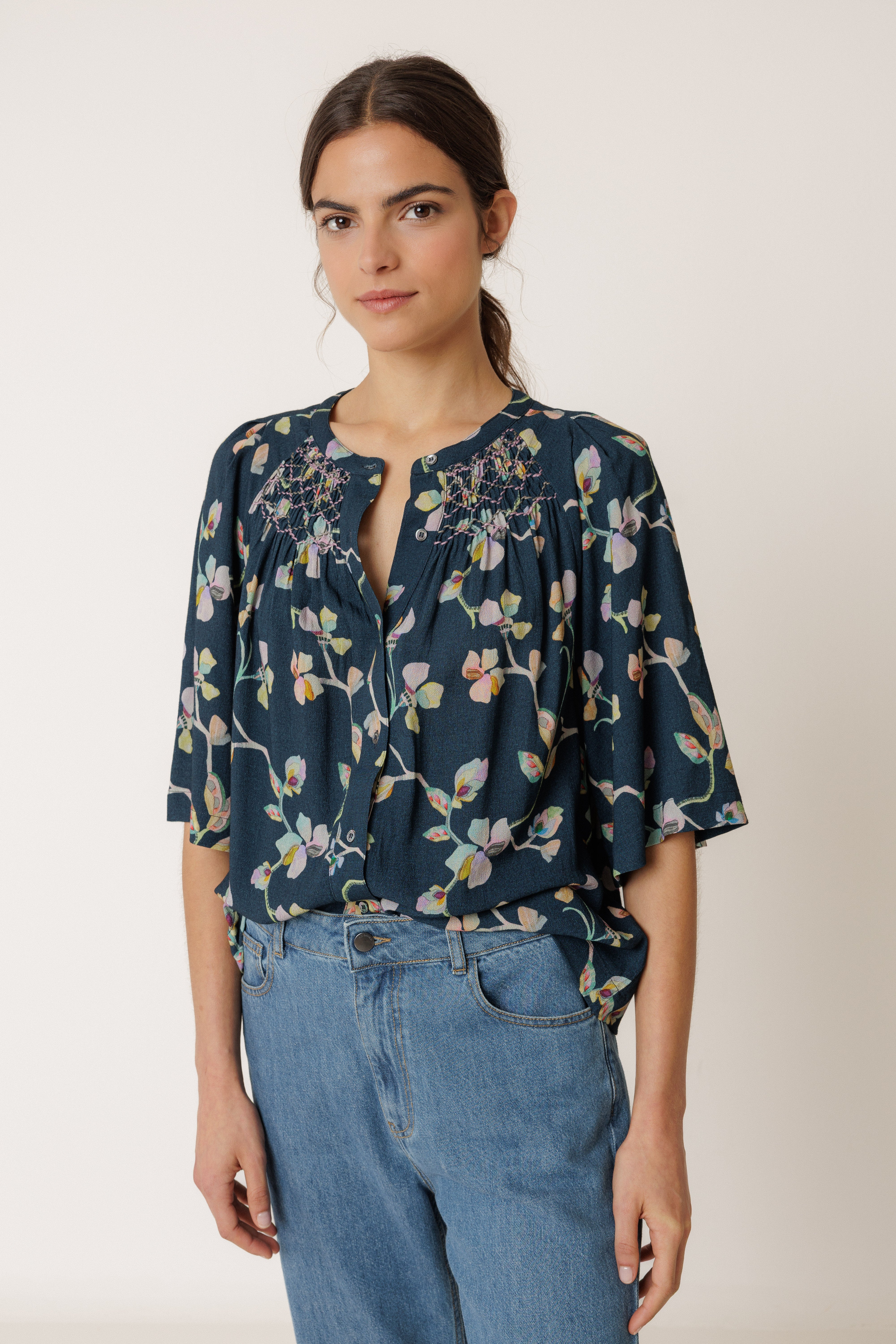 INDI AND COLD SMOCK DETAIL SHIRT VISCOSE NAVY FLORAL BLOUSE