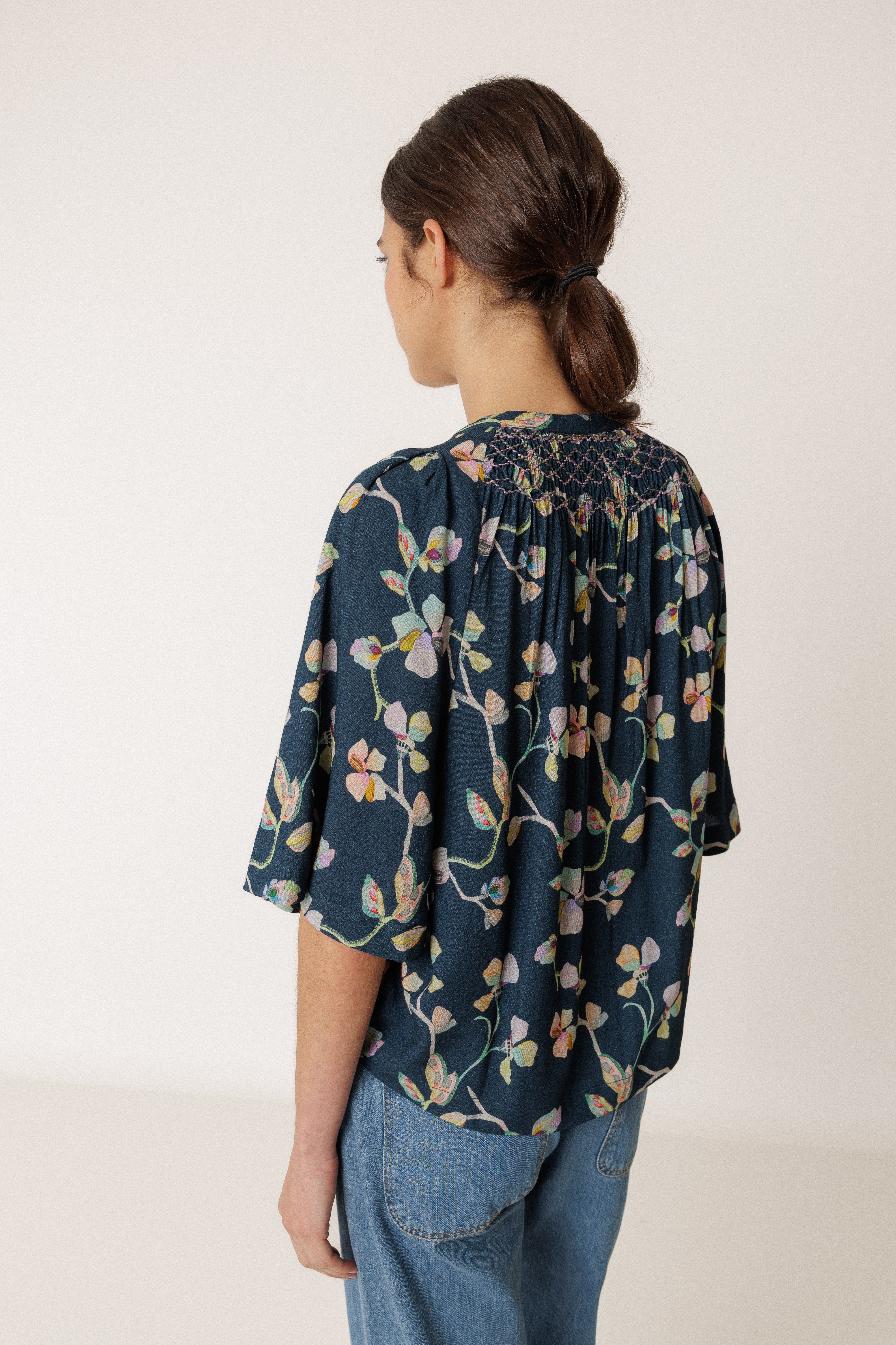 INDI AND COLD SMOCK DETAIL SHIRT VISCOSE NAVY FLORAL BLOUSE