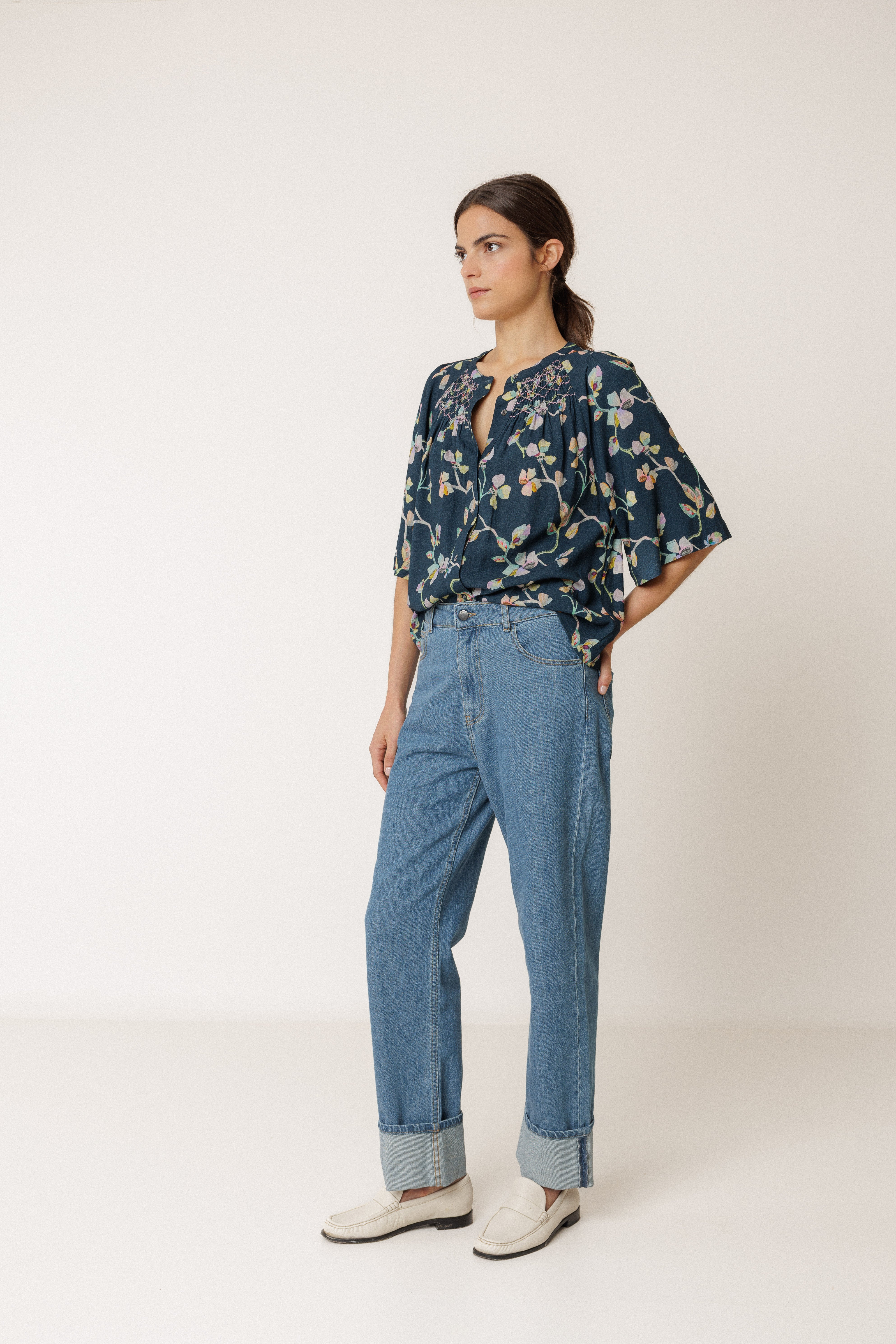 INDI AND COLD SMOCK DETAIL SHIRT VISCOSE NAVY FLORAL BLOUSE