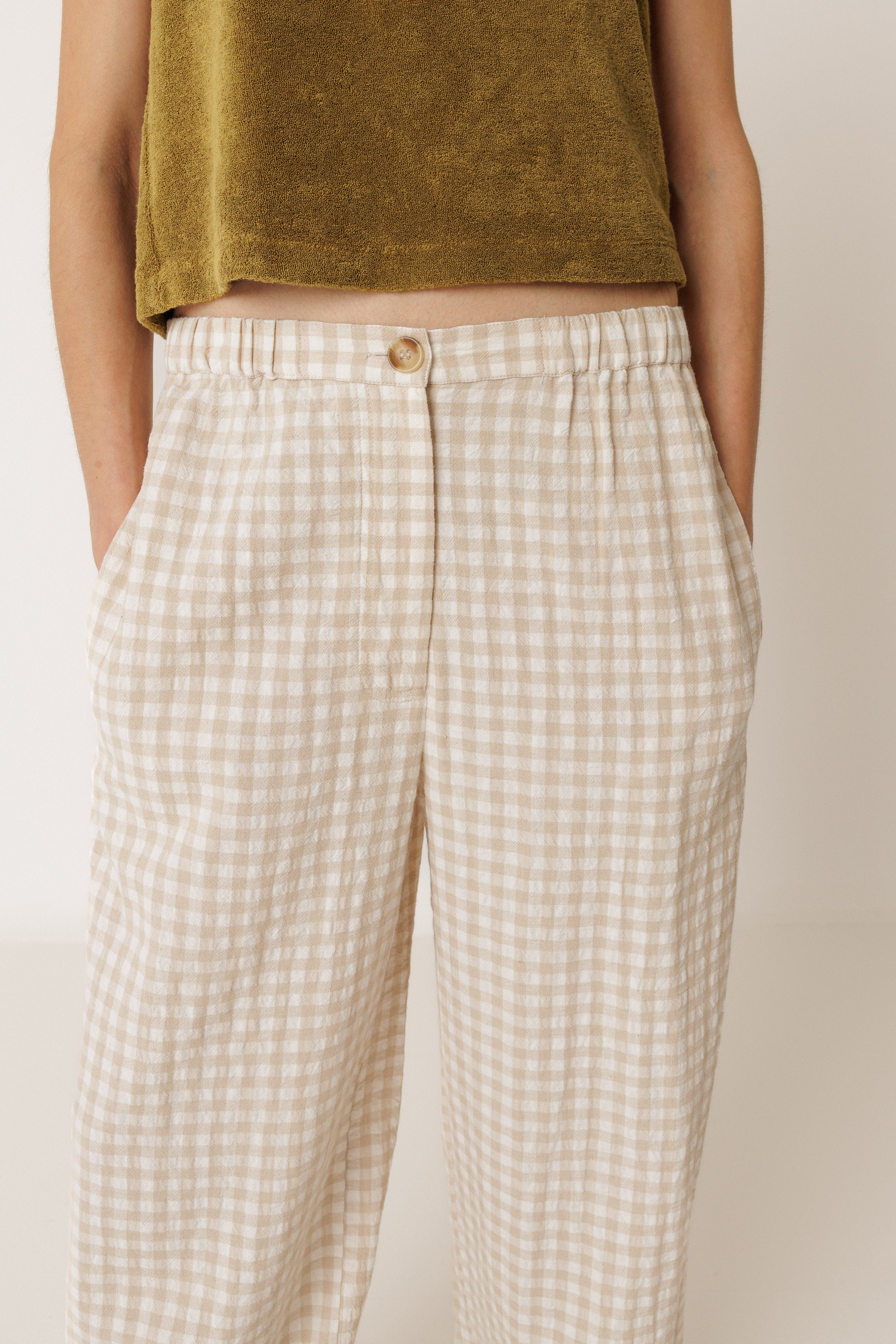 INDI AND COLD ELASTIC GINGHAM PANT COTTON VISCOSE CHECK BEIGE