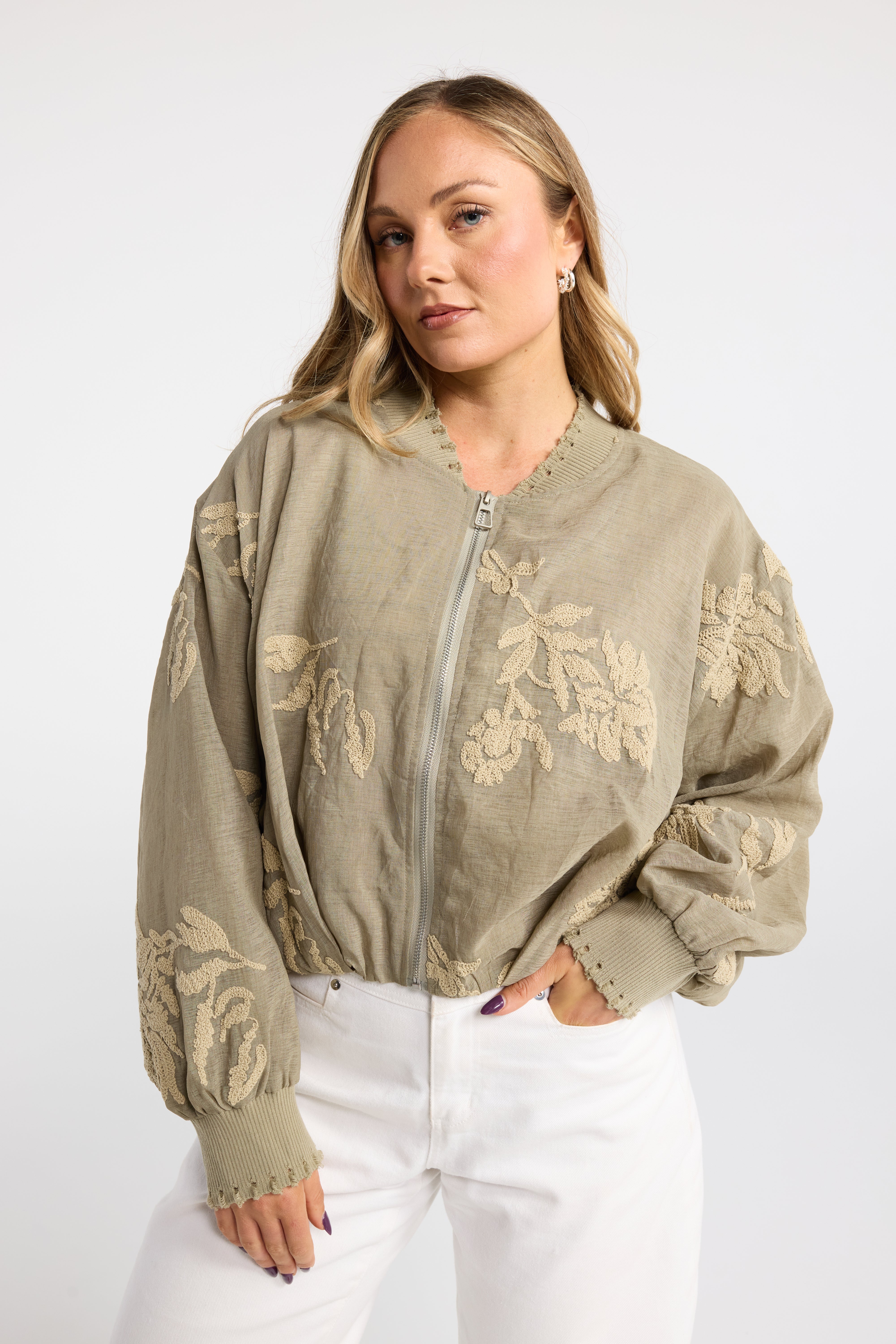 INK AMBLE JACKET OLIVE EMROIDERED JACKET FLORAL JACKET BOMBER JACKET DISTRESSED EMBELLESHED JACKET SPRING LAYERS