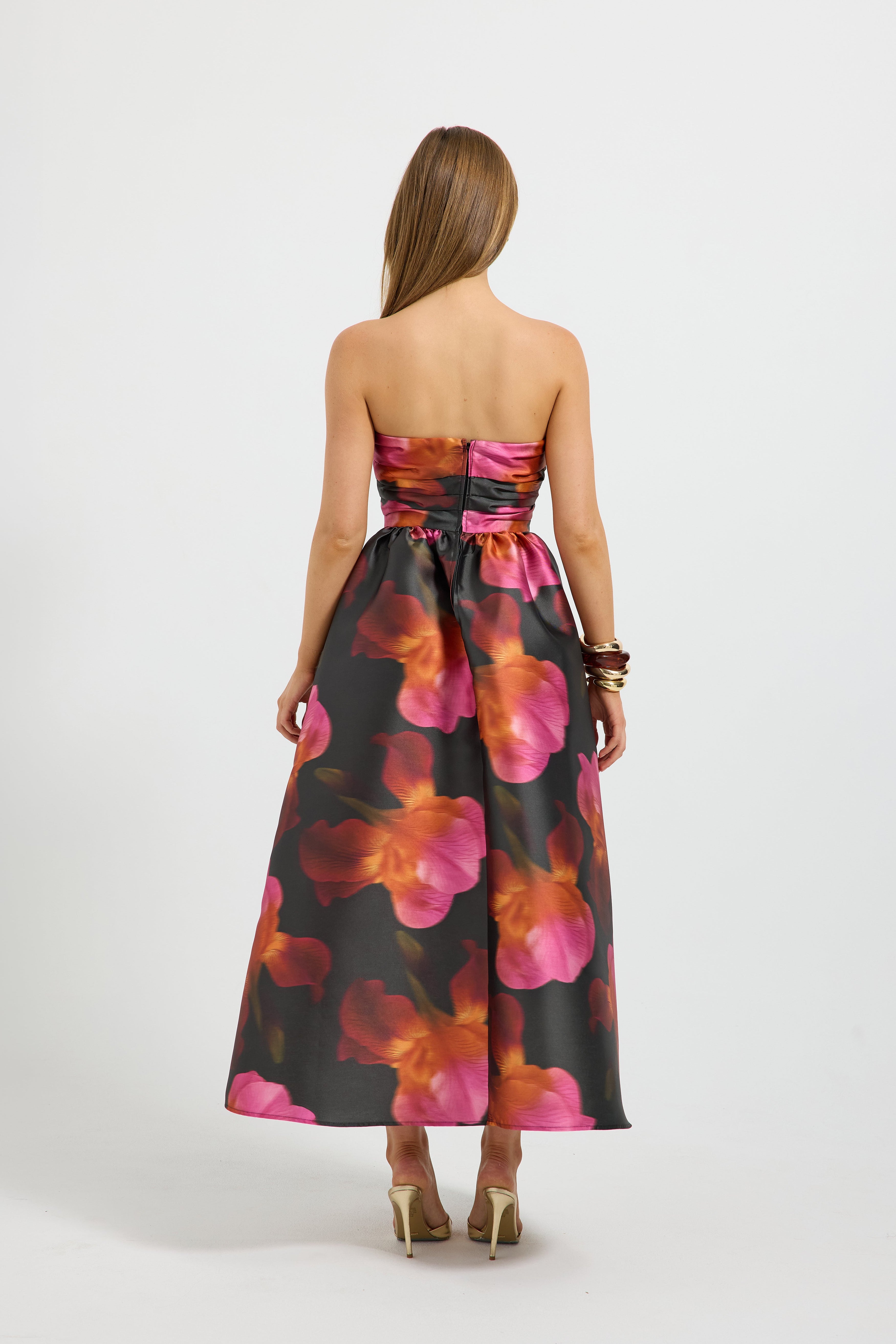 PASDUCHAS AVA STRAPLESS MIDI DRESS POLYESTER PINK AND RED FLORAL