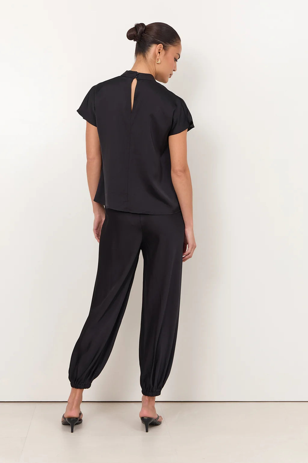 ADORNE BANKS PANT BLACK SATIN VISCOSE BALLOON PANT WITH ELASTICATED WASITBAND AND HEMS