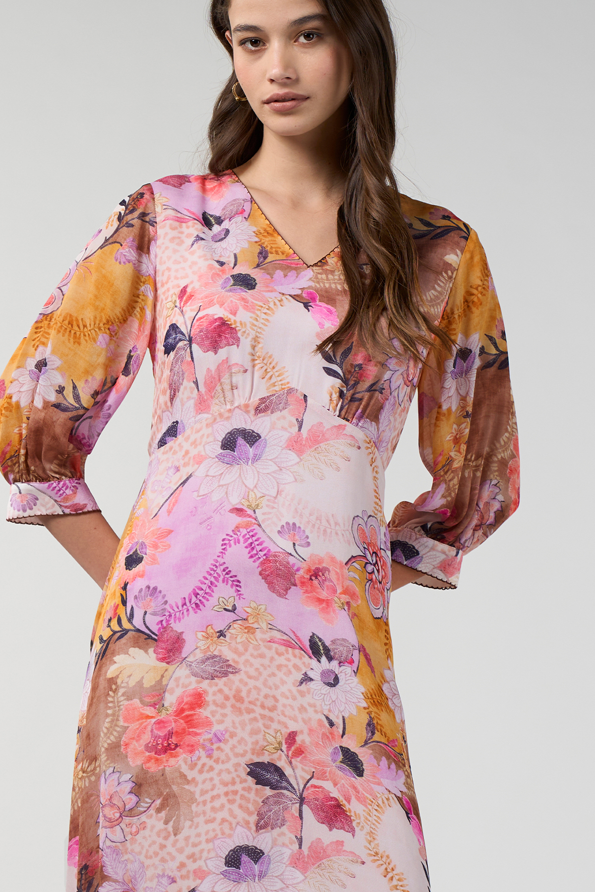 LOOBIES STORY BATIKA MIDI DRESS VISCOSE RAYON PINK MULTI FLORAL PRINT
