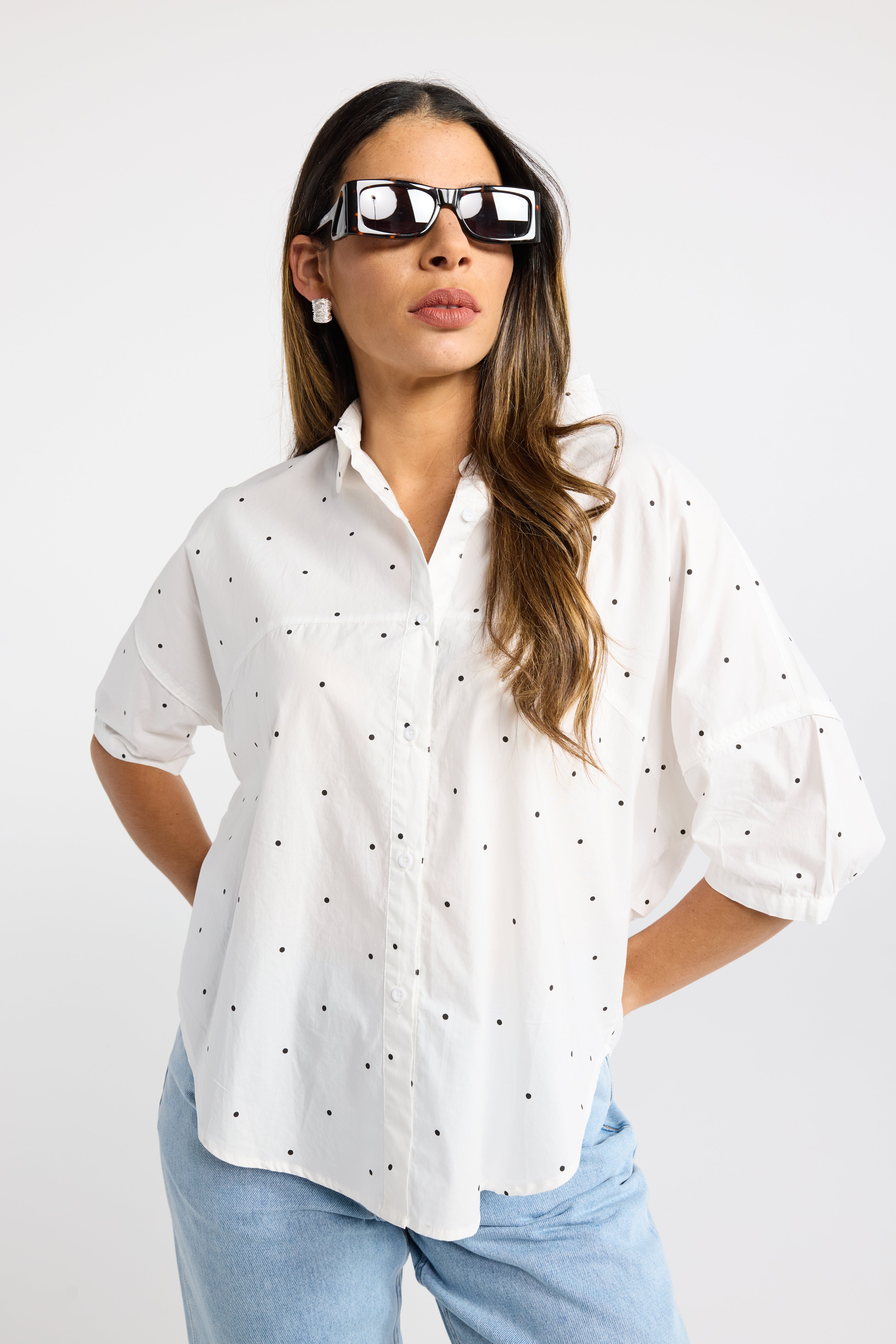 INK BELLA SHIRT WHITE SPOT SHORT SLEEVE SHIRT SUMMER SHIRT COTTON SHIRT PUFF SLEEVE SHIRT TOP TOPS SHIRT SHIRTS POLKA DOT SPOTS