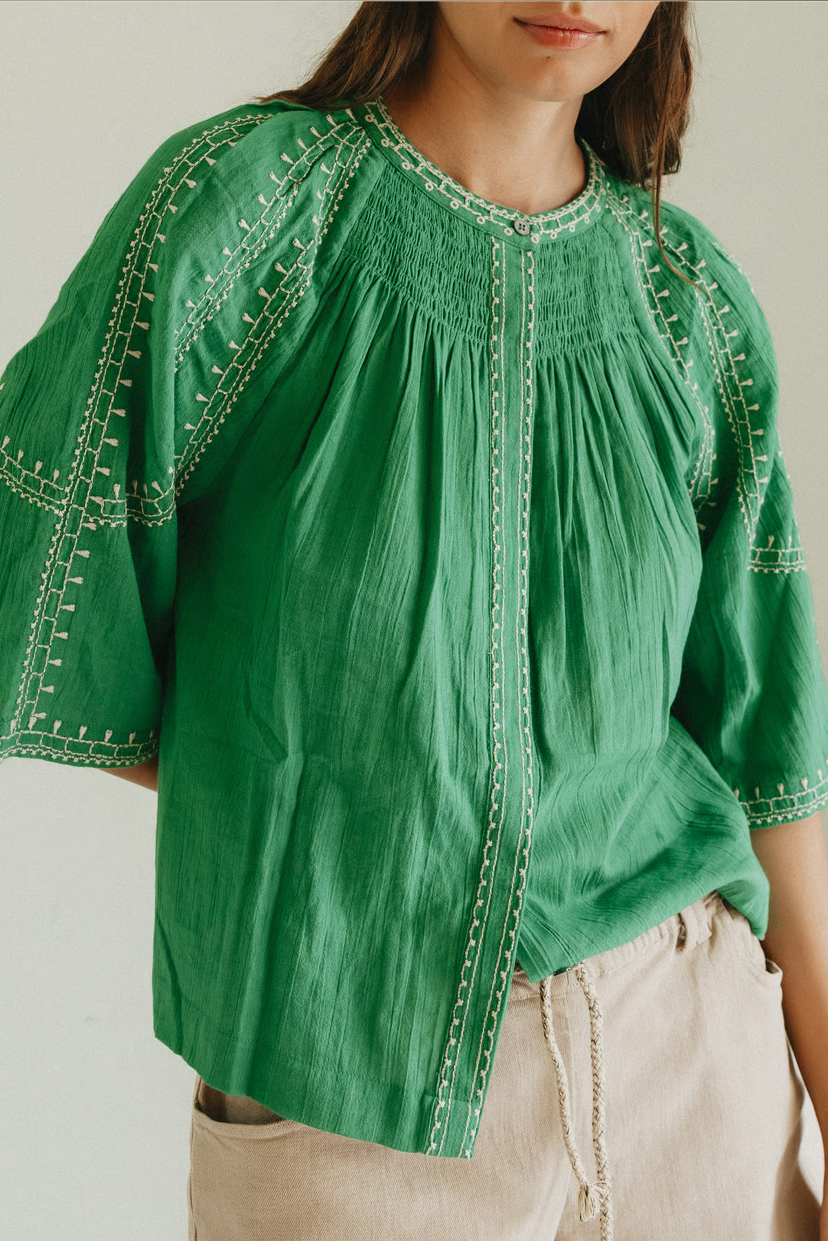 INDI AND COLD BELL SLEEVE TOP ORGANIC COTTON EMBROIDERY BLOUSE GREEN