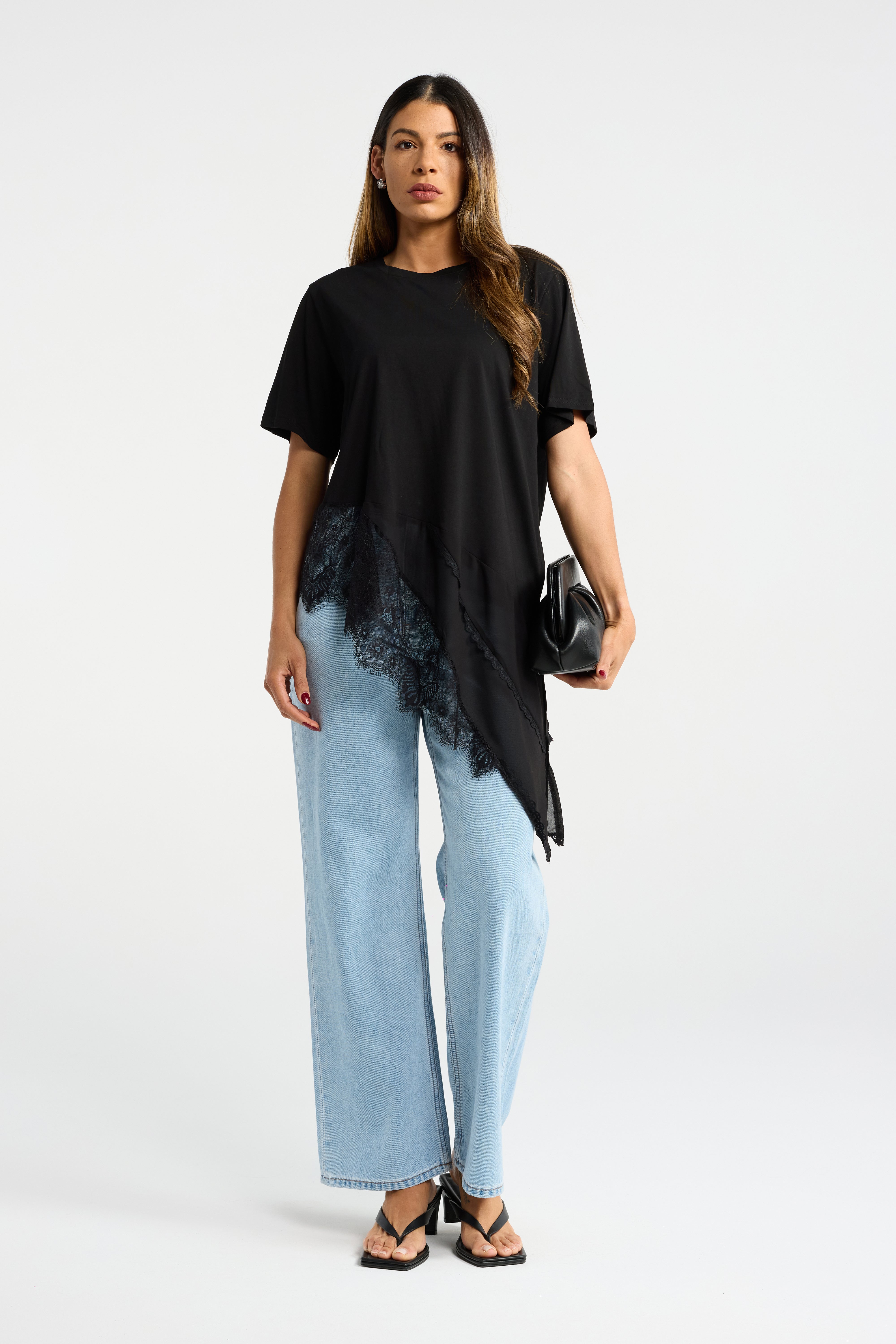 INK CARA TOP BLACK TOP LACE TSHIRT LACE TEE LACE TRIM ASYMMETRIC TOP ASYMMETRIC TSHIRT LACE TSHIRT SUMMER TOP
