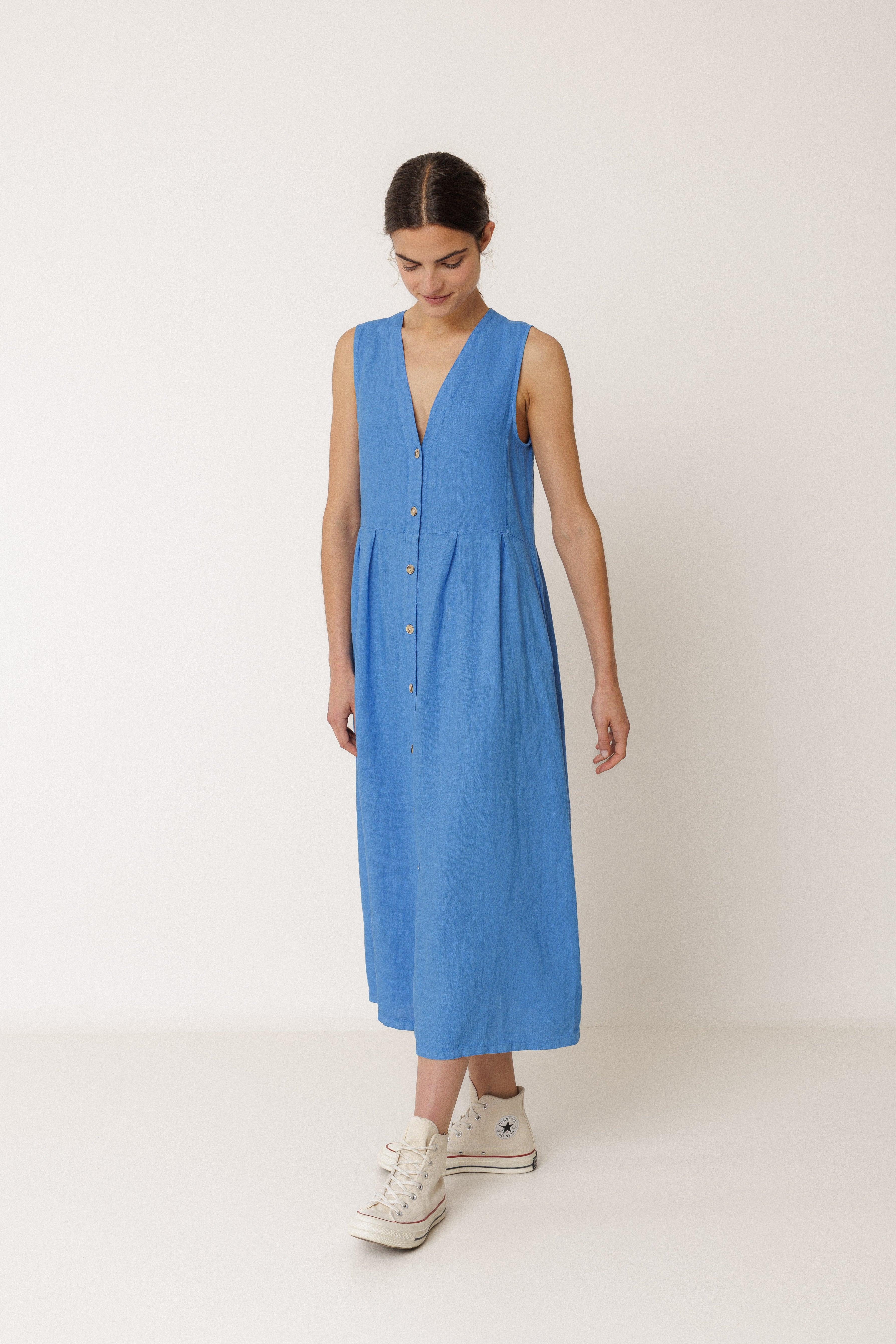 INDI AND COLD LINEN MULITPOSITION DRESS LINEN BLUE REVERSIBLE MIDI DRESS