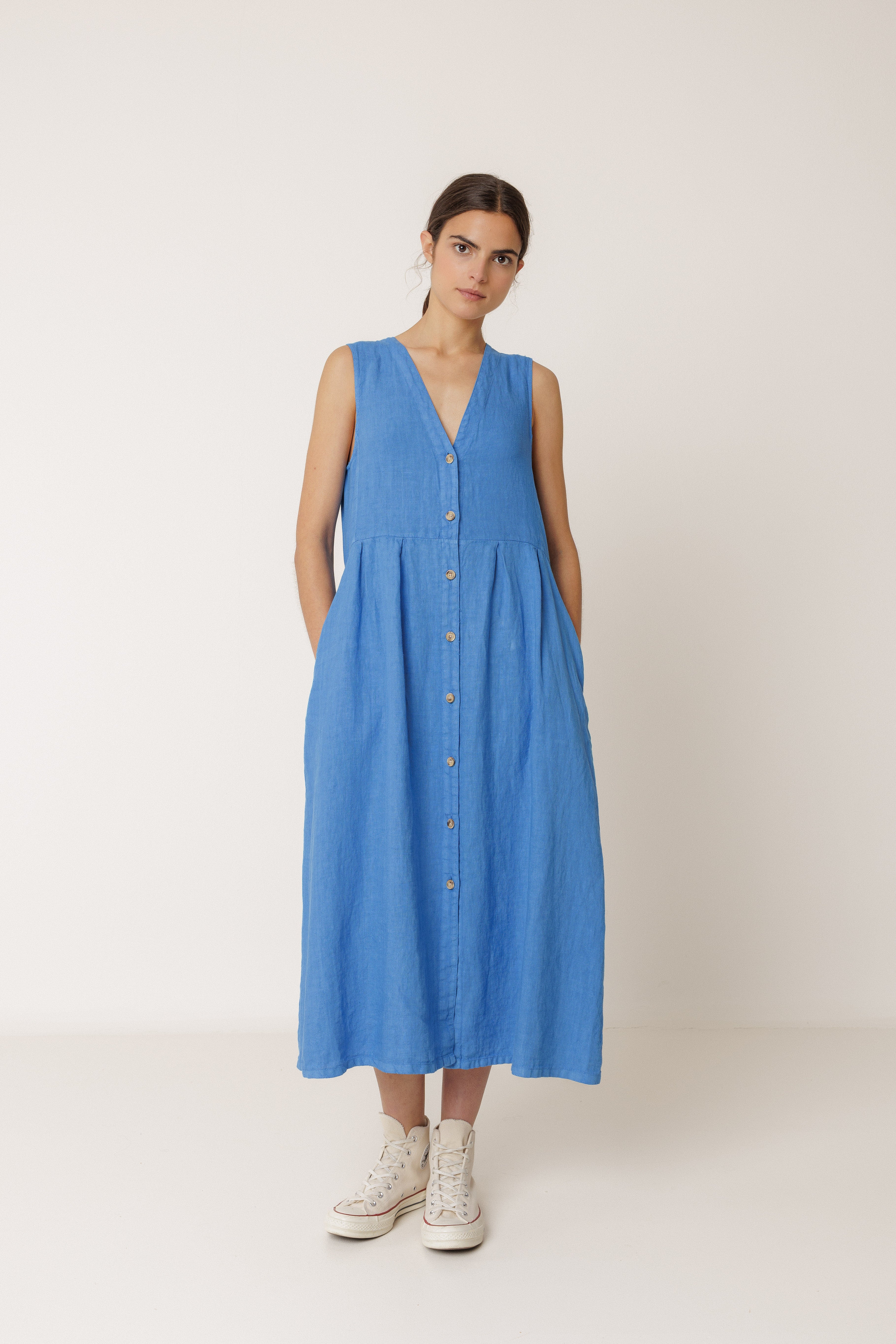INDI AND COLD LINEN MULITPOSITION DRESS LINEN BLUE REVERSIBLE MIDI DRESS
