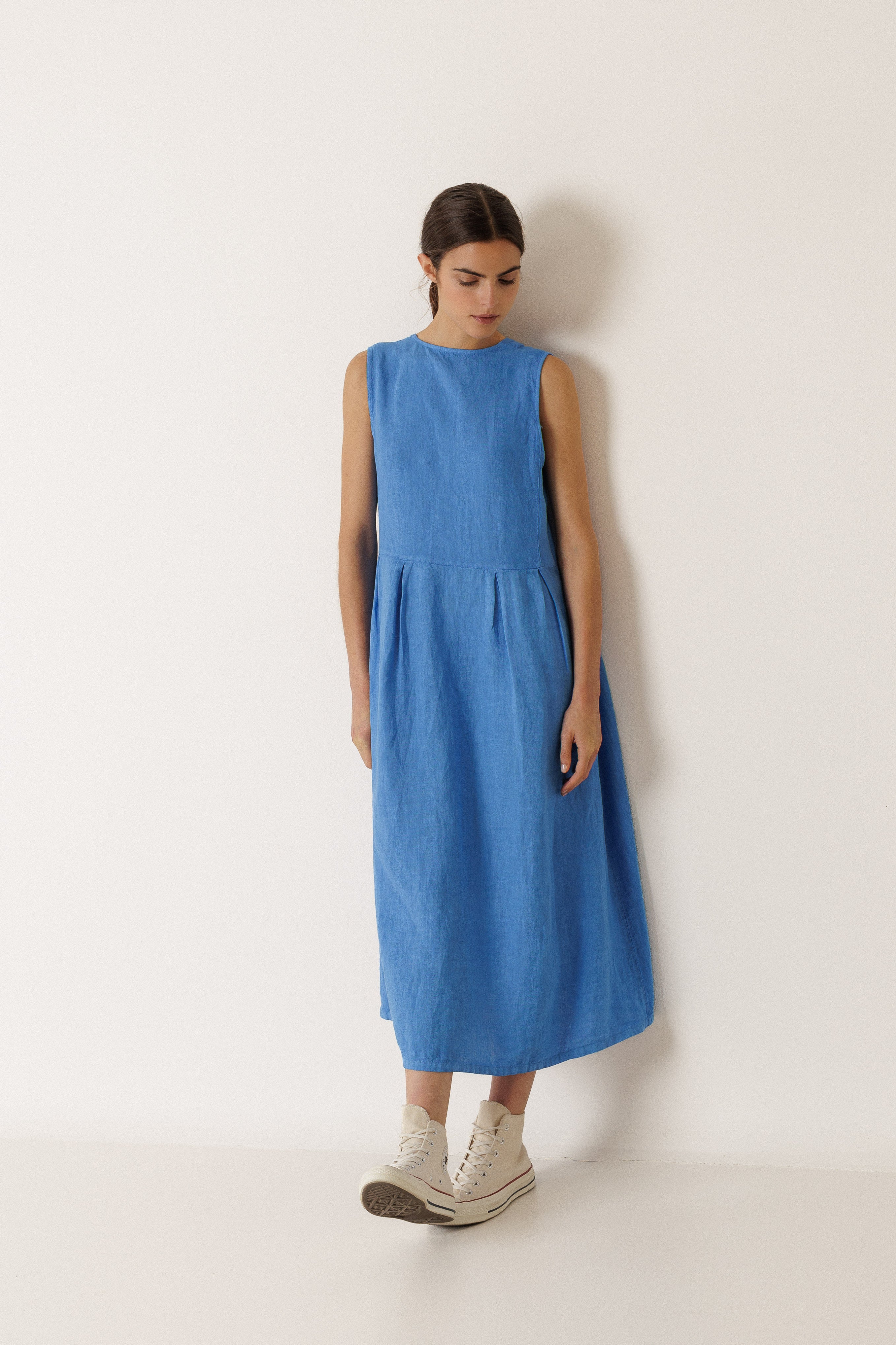 INDI AND COLD LINEN MULITPOSITION DRESS LINEN BLUE REVERSIBLE MIDI DRESS